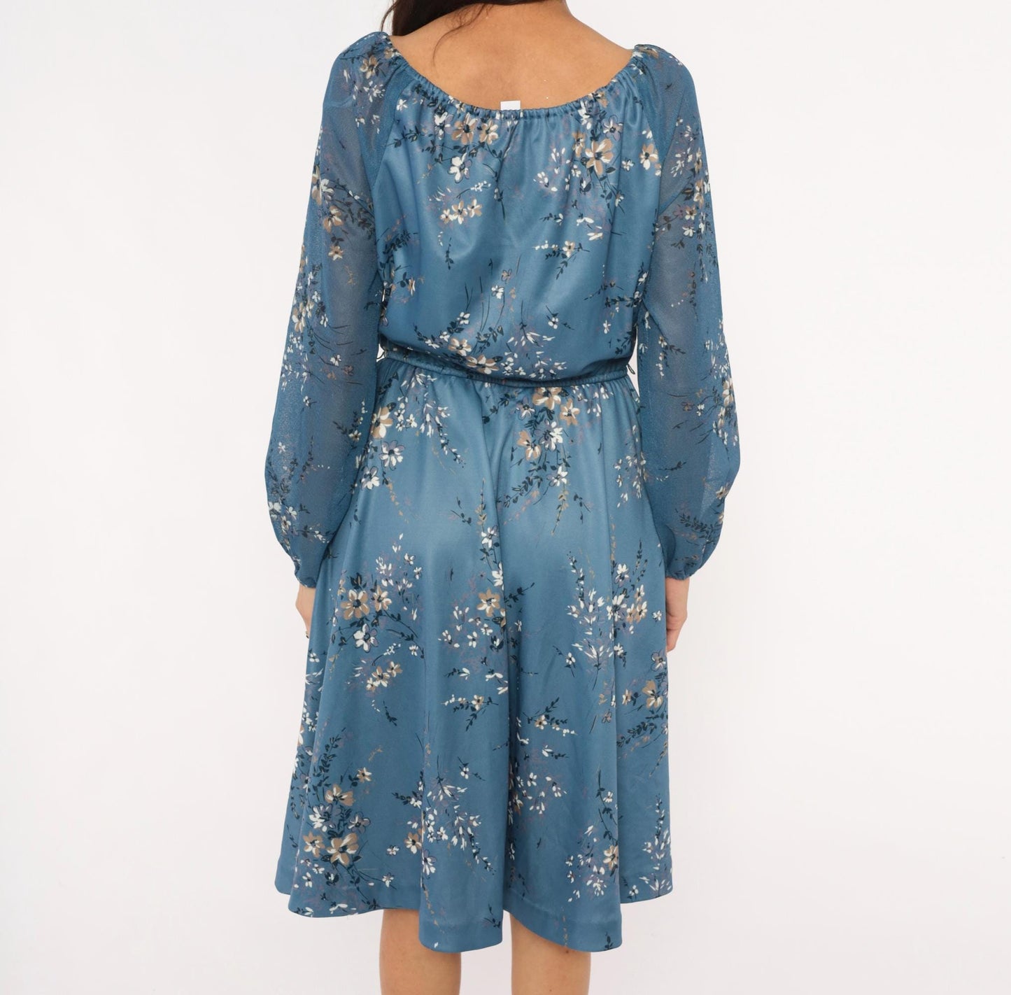 70s Steel Blue Wildflower Peasant Dress Bishop Sleeve Tie Front Knee Length Large L