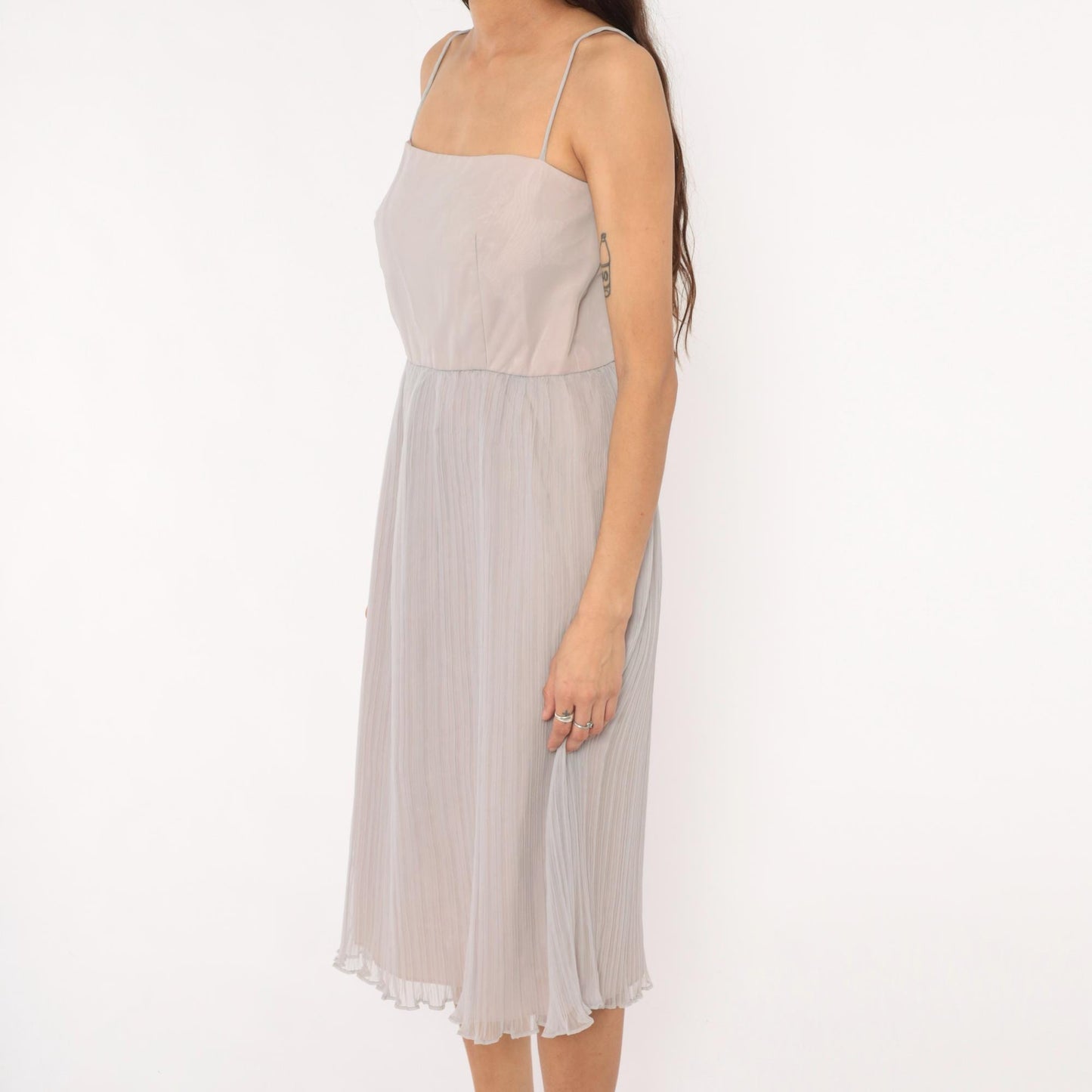 70s Lee Jordan Lavender Midi Dress Square Neck Pleated Chiffon Extra Small XS