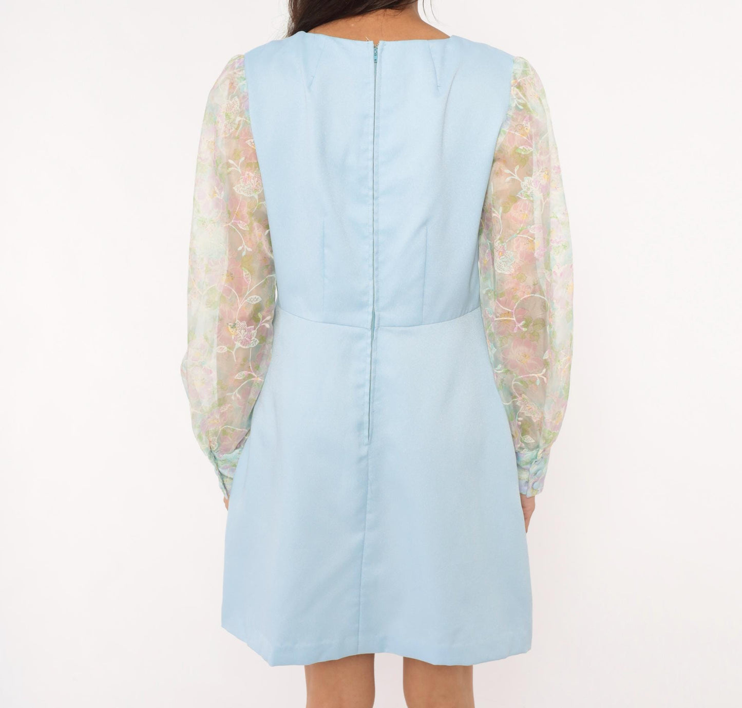 70s Sky Blue Mini Dress Sheer Floral Organza Bishop Sleeves Medium M