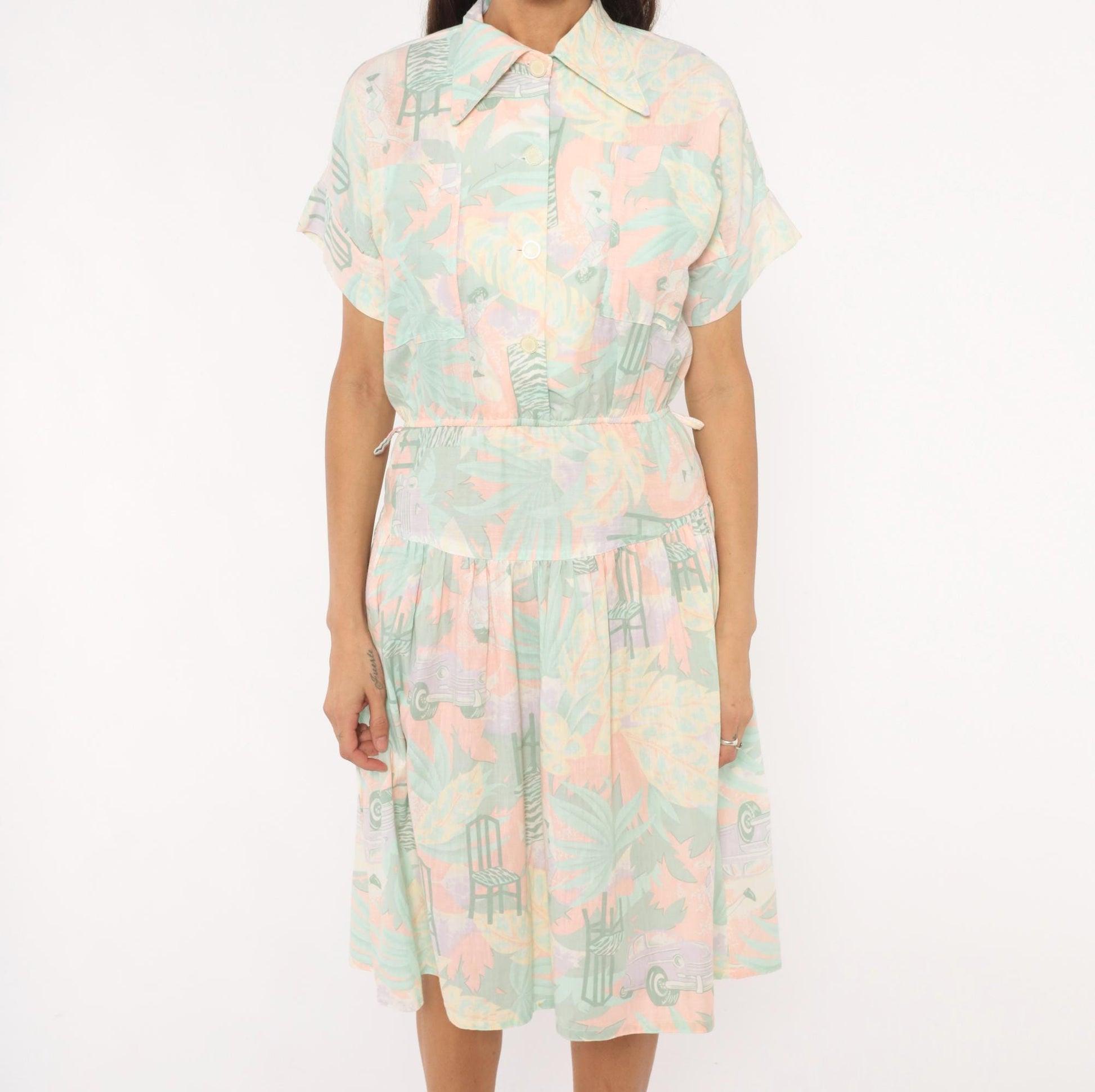 80s 3 Star Novelty Print Shirt Dress Pink Teal Knee-Length Small