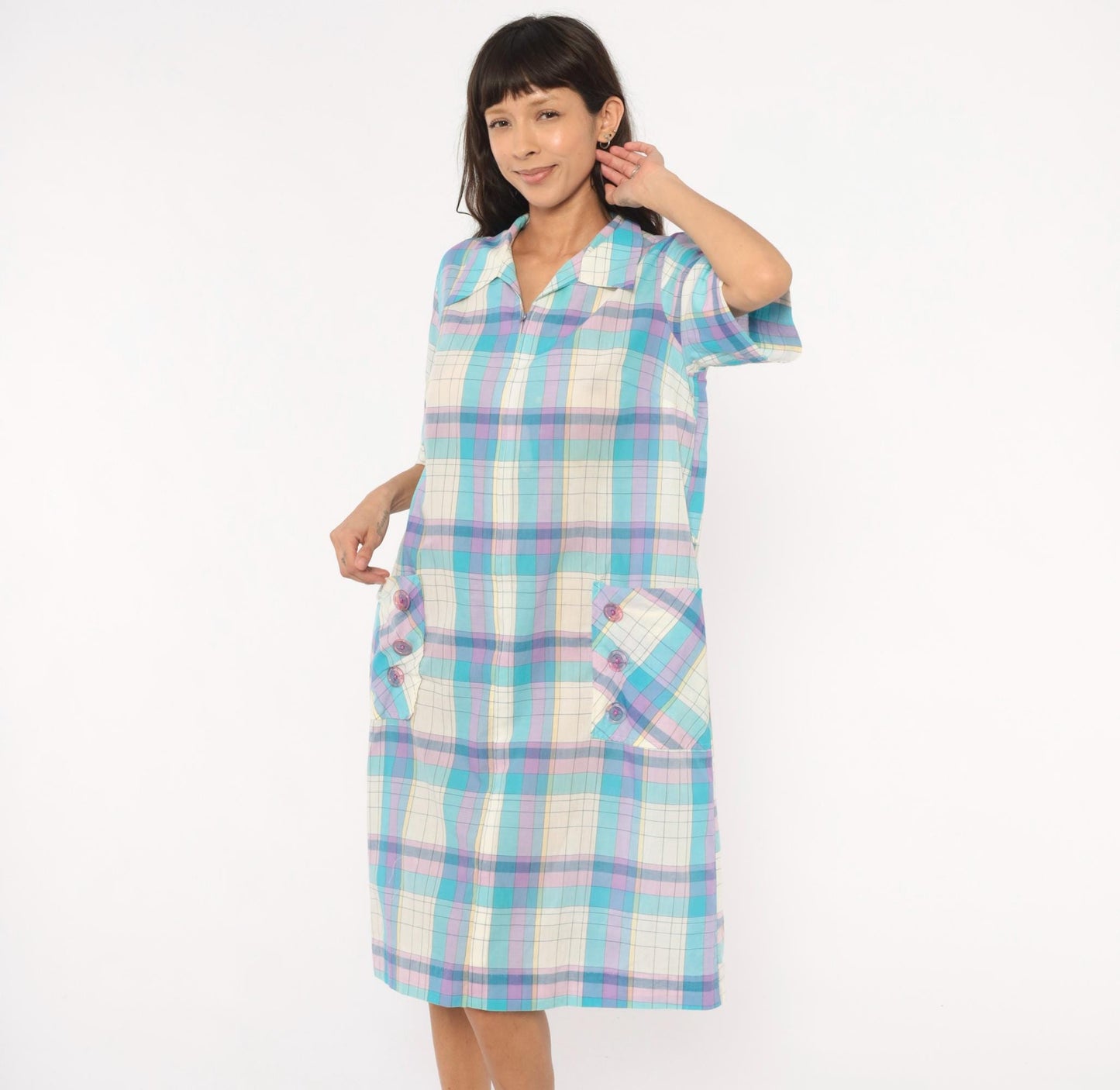 70s Pastel Plaid Zip-Front Housecoat Shift Dress Aqua Purple Knee Length Extra Large