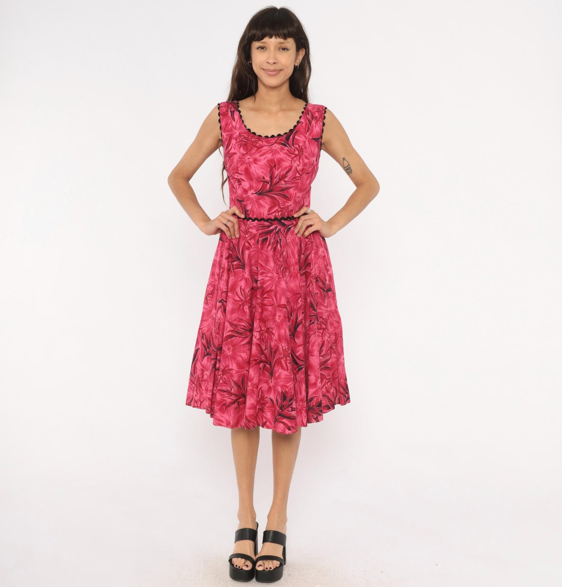 60s Tropical Floral A-Line Dress Pink Black Ric Rac Cotton Small