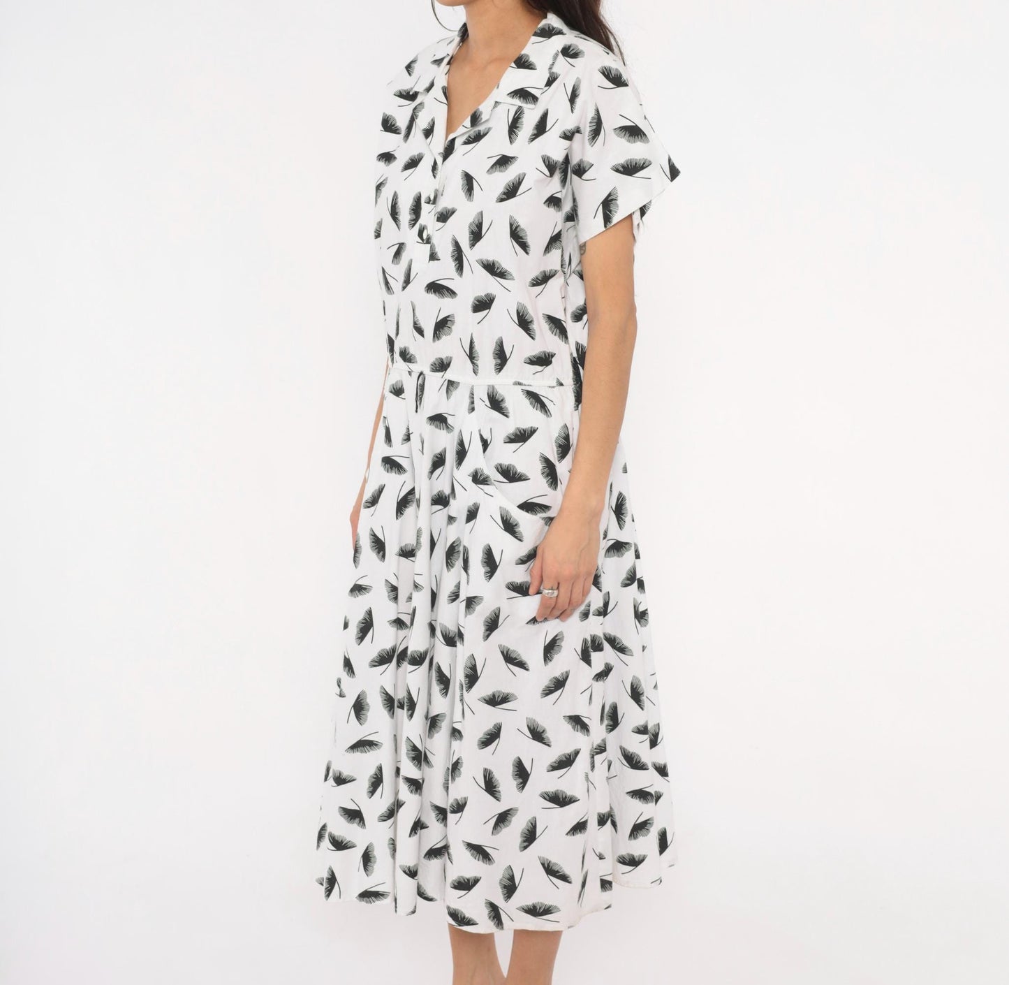 80s Lady Carol Feather Print Shirtdress White Black Cotton Midi Large L