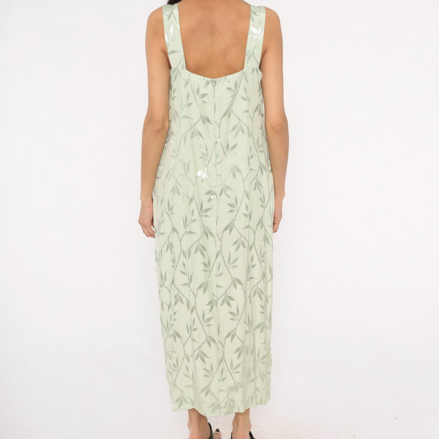 90s Sage Green Leaf Print Maxi Dress Sleeveless Scoop Neck Column Slit Ankle Large L