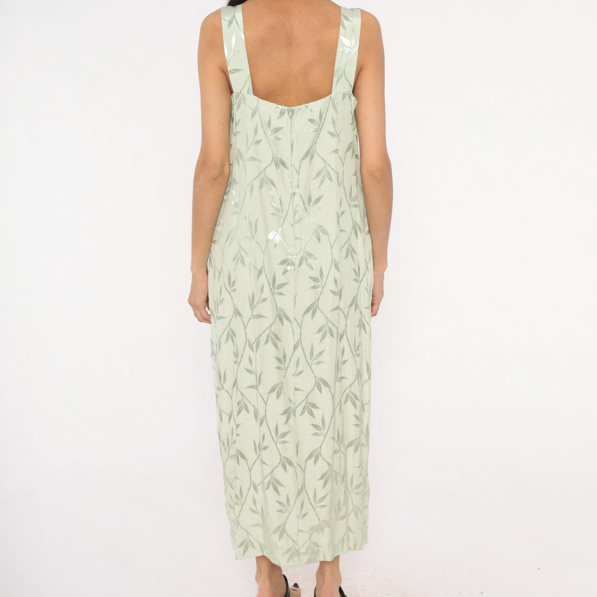 90s Sage Green Leaf Print Maxi Dress Sleeveless Scoop Neck Column Slit Ankle Large L