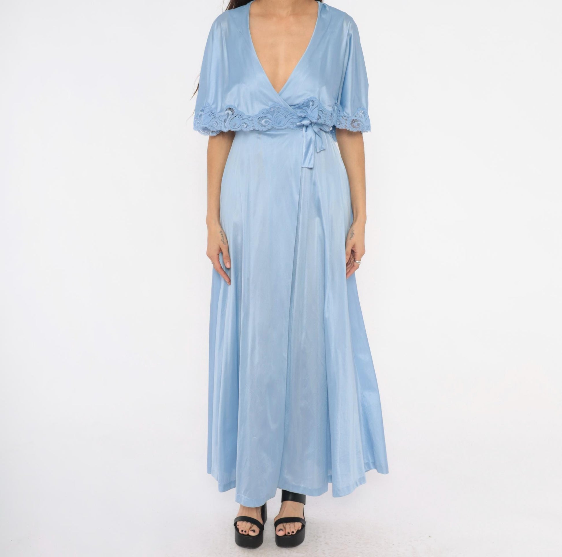 70s Lily of France Powder Blue Maxi Robe Wrap Nylon Lace Trim Small S
