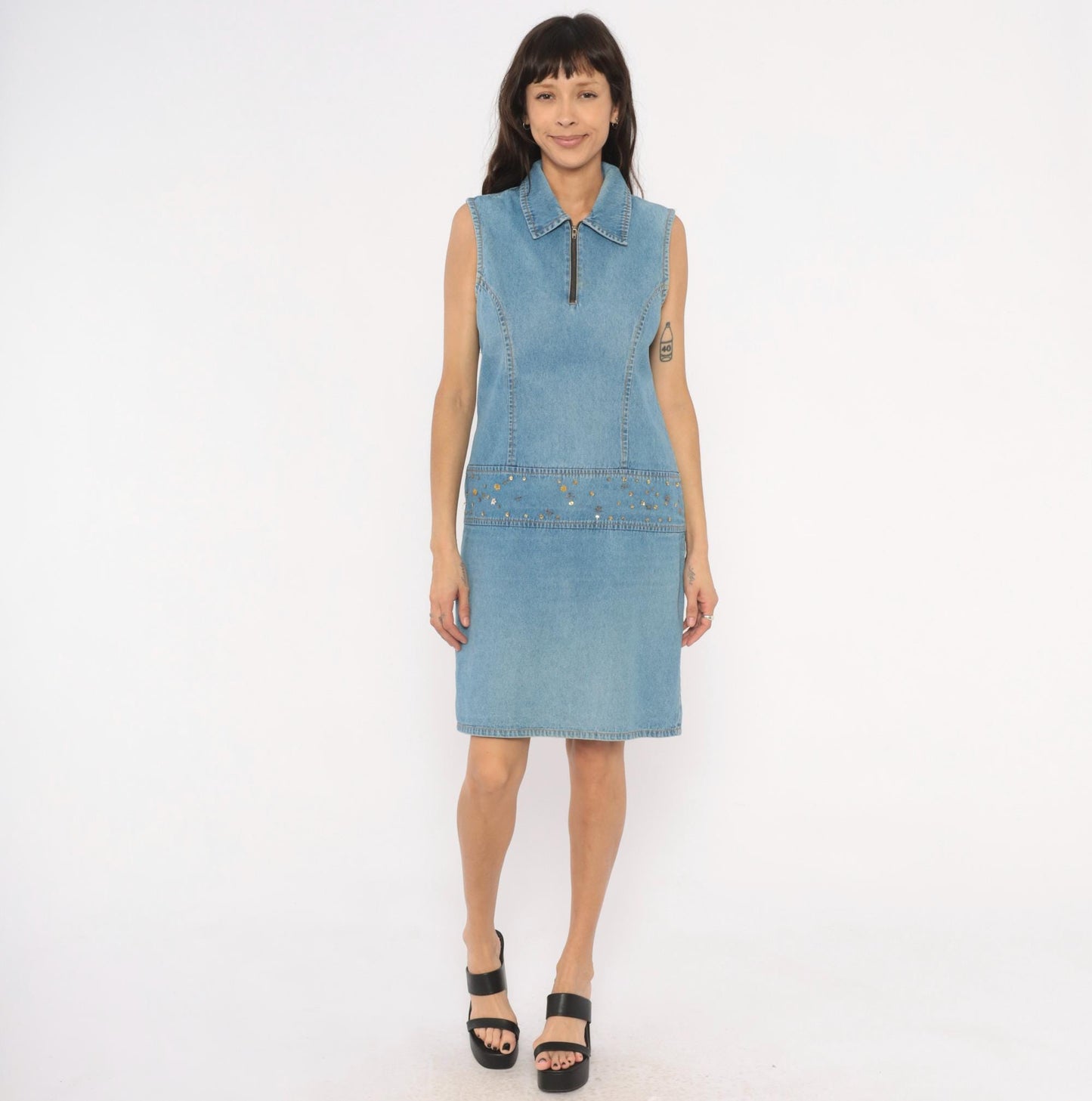 2000s Metrostyle Denim Mini Dress Sleeveless Collared Blue Chambray Sequin Medium