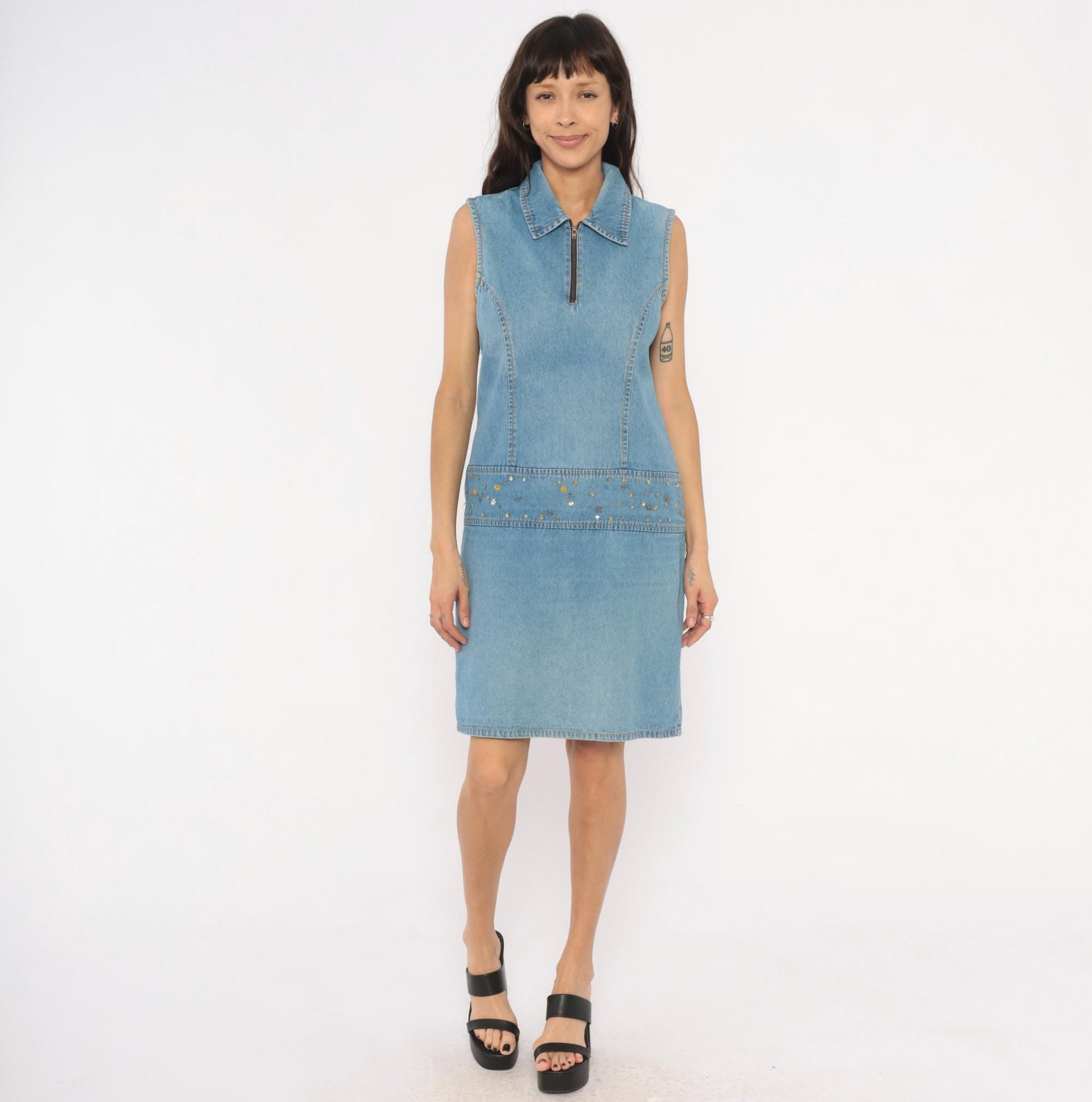 2000s Metrostyle Denim Mini Dress Sleeveless Collared Blue Chambray Sequin Medium