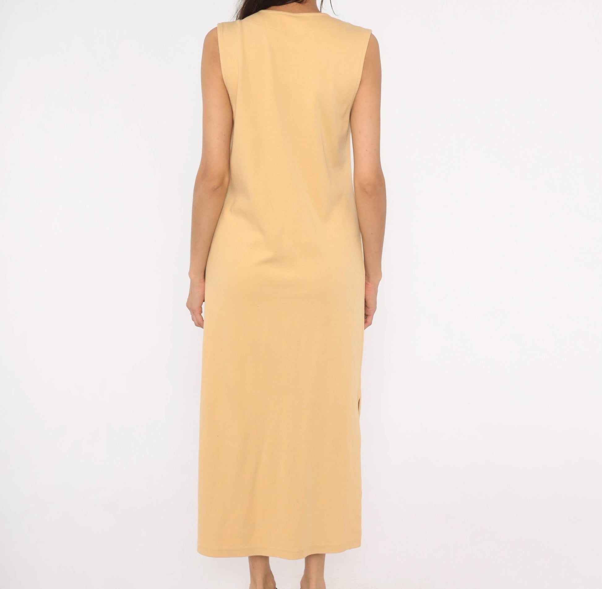 90s Weekenders Tan Maxi Dress Sleeveless V Neck Button Front Small