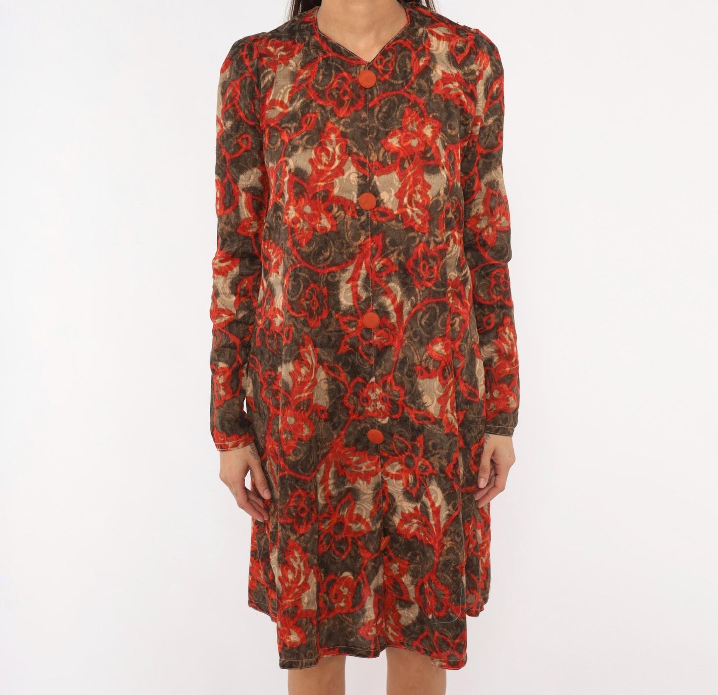 90s Floral Vine Dress Red Brown Scrolling Leaf Print V Neck Puff Shoulder Small S