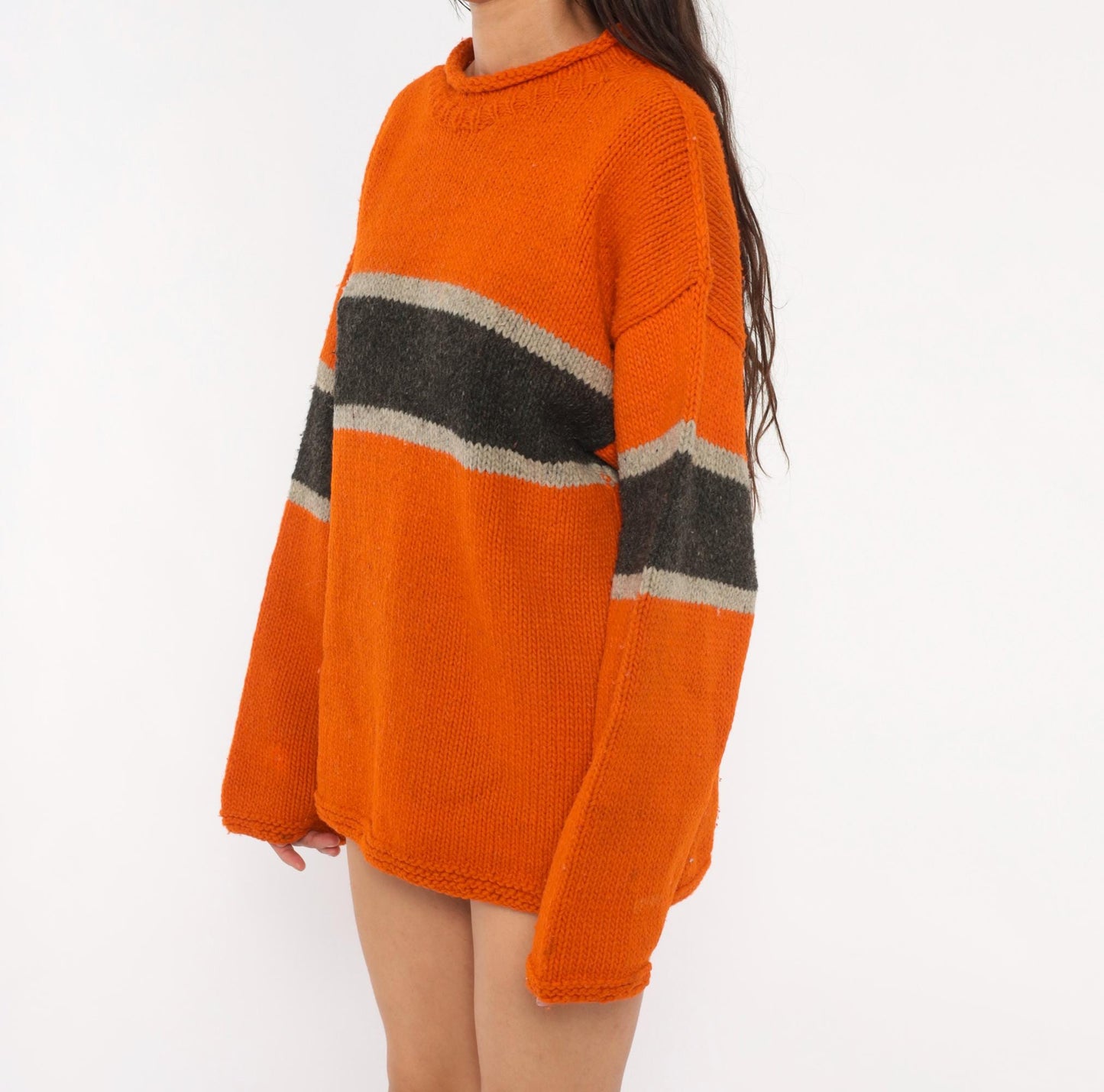 90s Sisandina Handicrafts Wool Sweater Burnt Orange Striped Chunky Knit Large