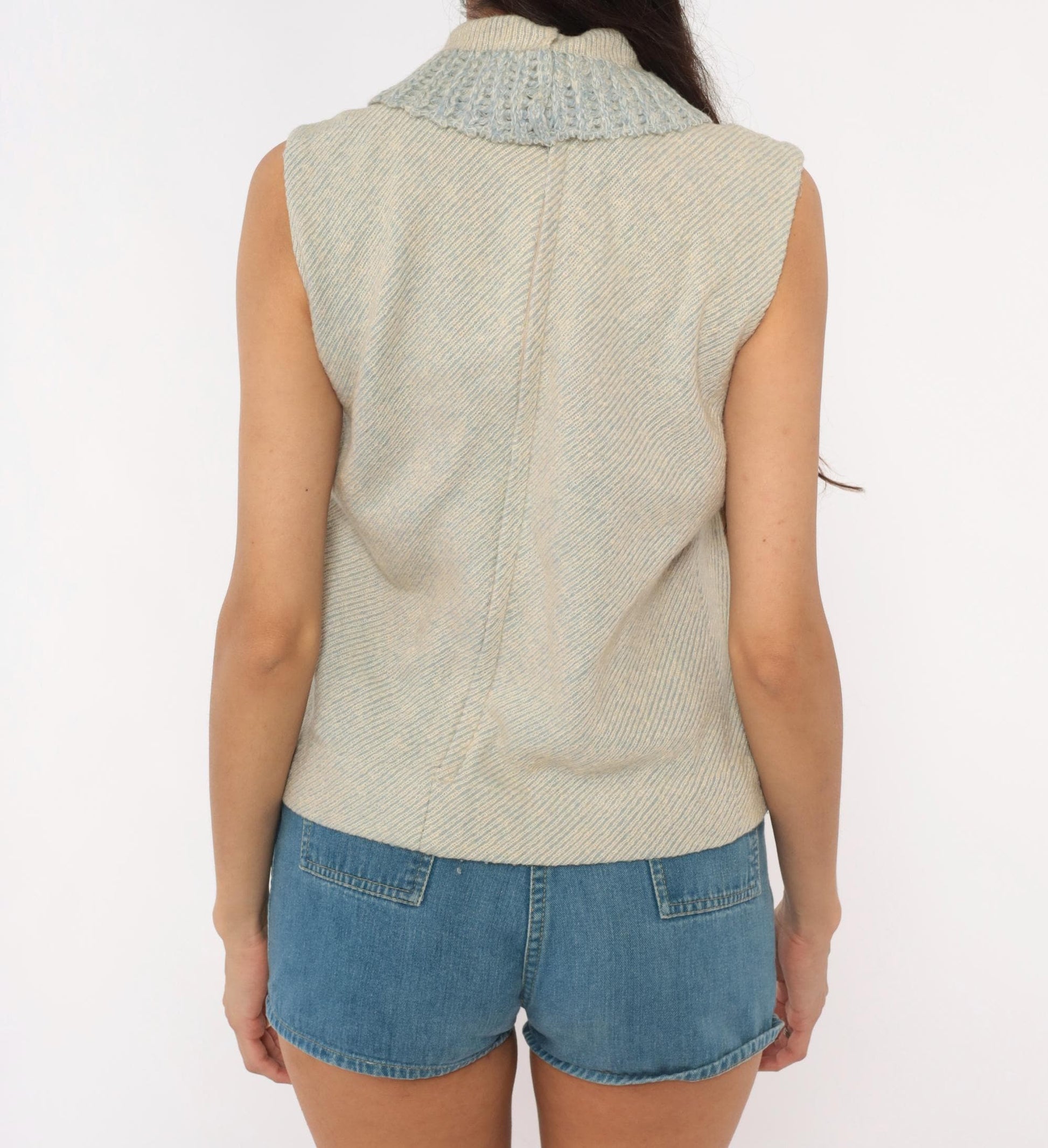 60s Gino Faves Wool Sleeveless Knit Vest Mock Neck Grey Cream Small S