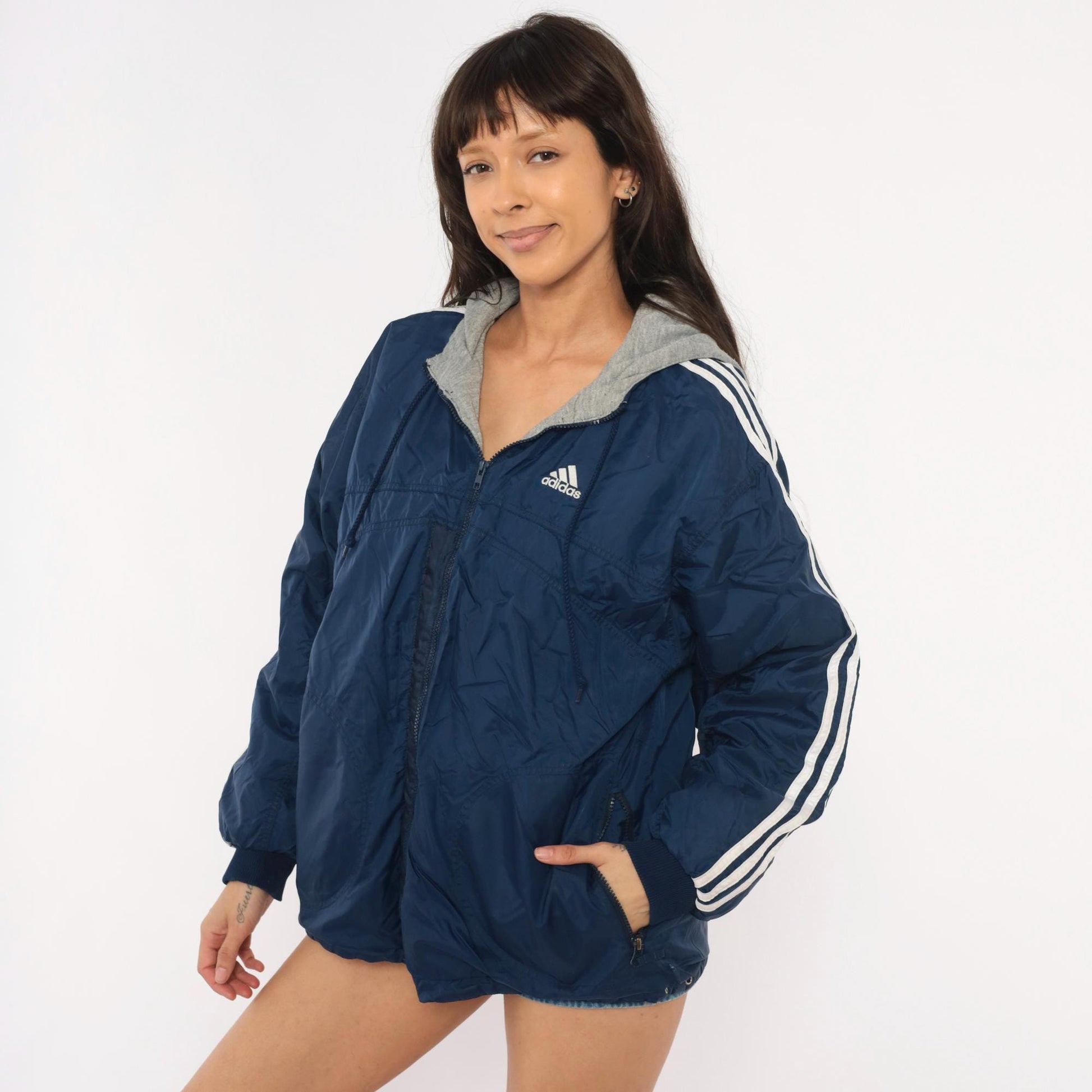 90s Adidas Reversible Windbreaker Hoodie Navy Grey Three Stripe Jacket Large L