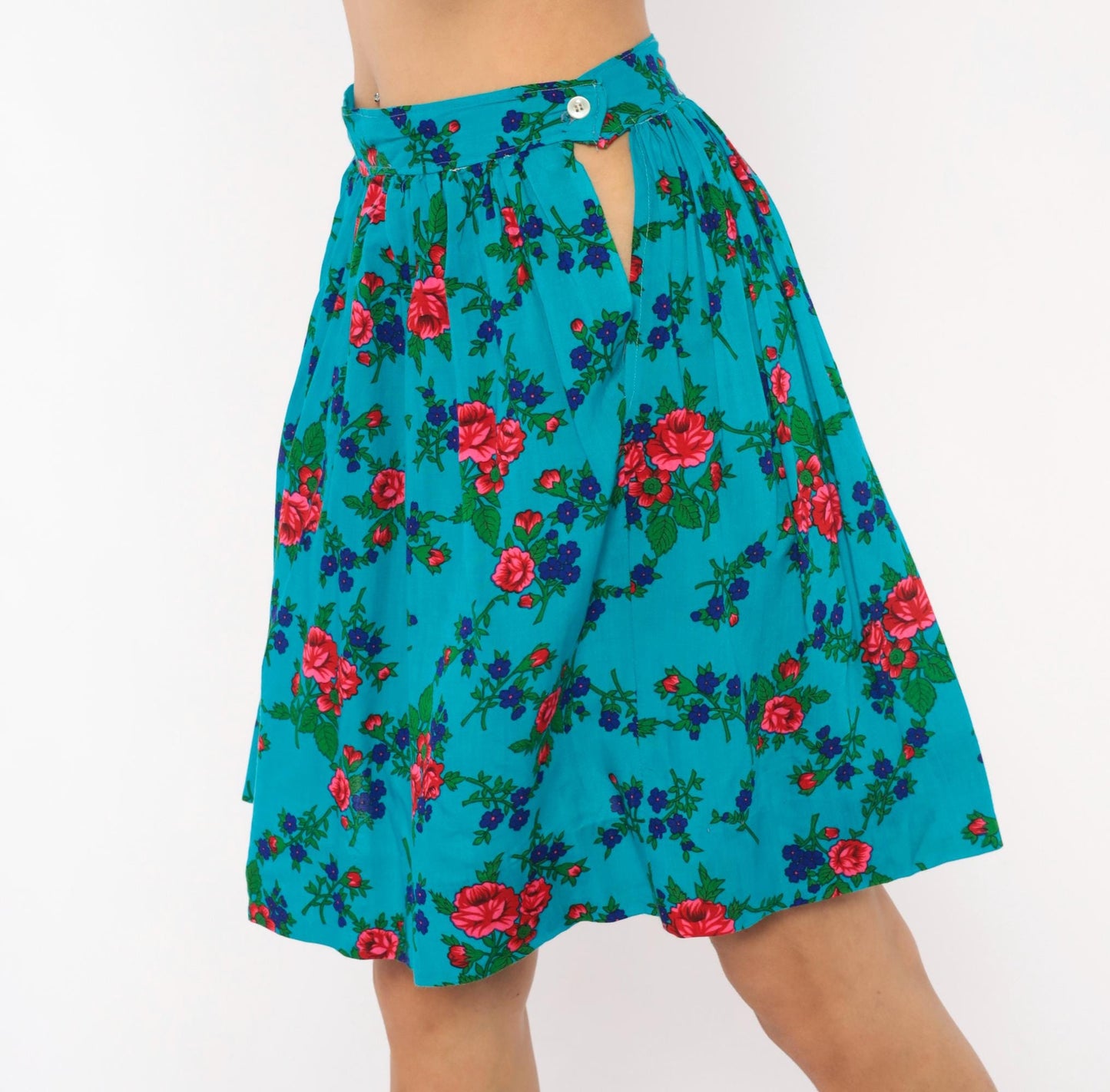 70s Teal Floral Cotton Mini Skirt High-Waisted A-Line Button Back Small S