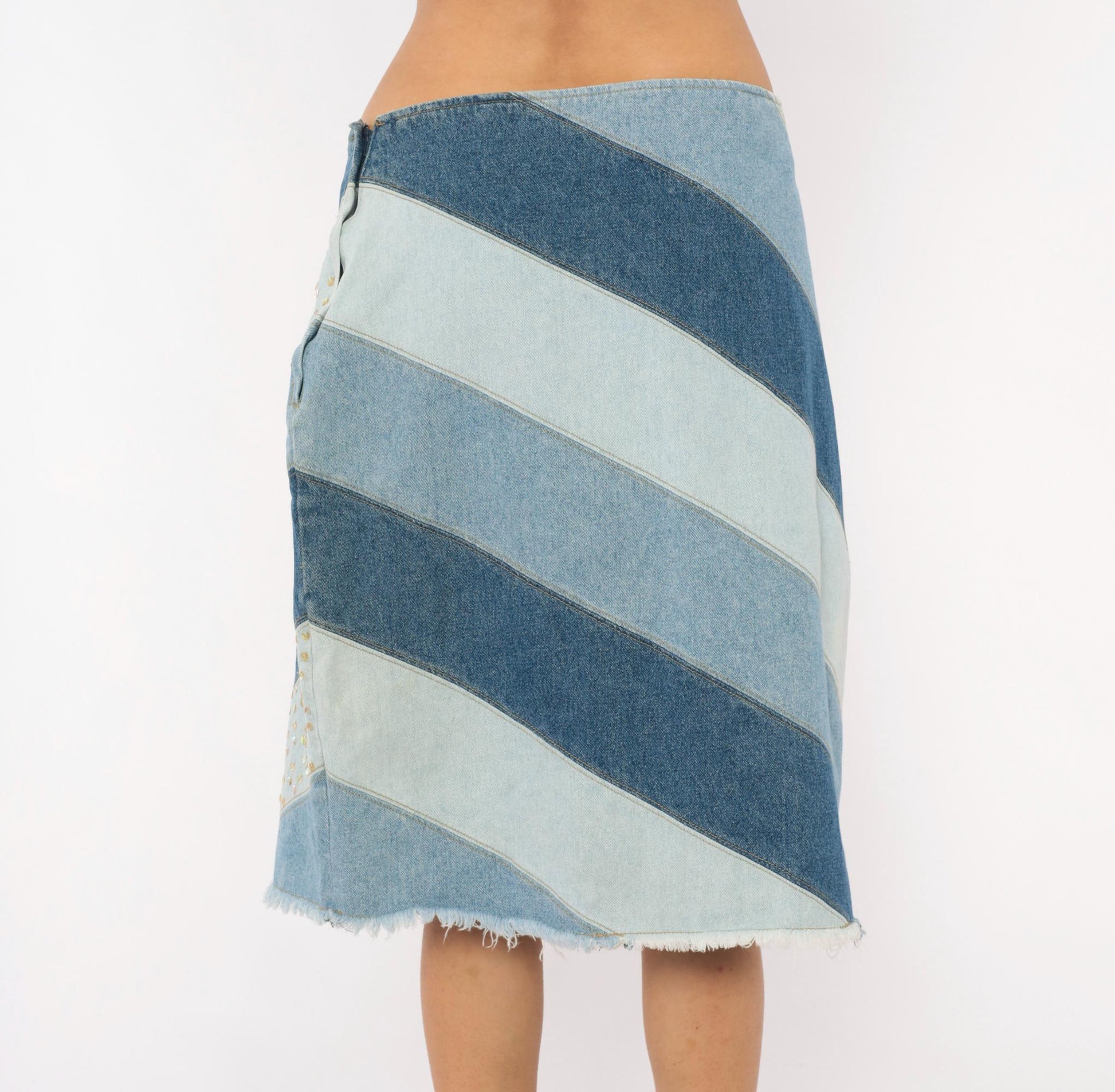 Y2K Avenue Blues Patchwork Denim Skirt Sequin Embellished Knee Length Extra Large
