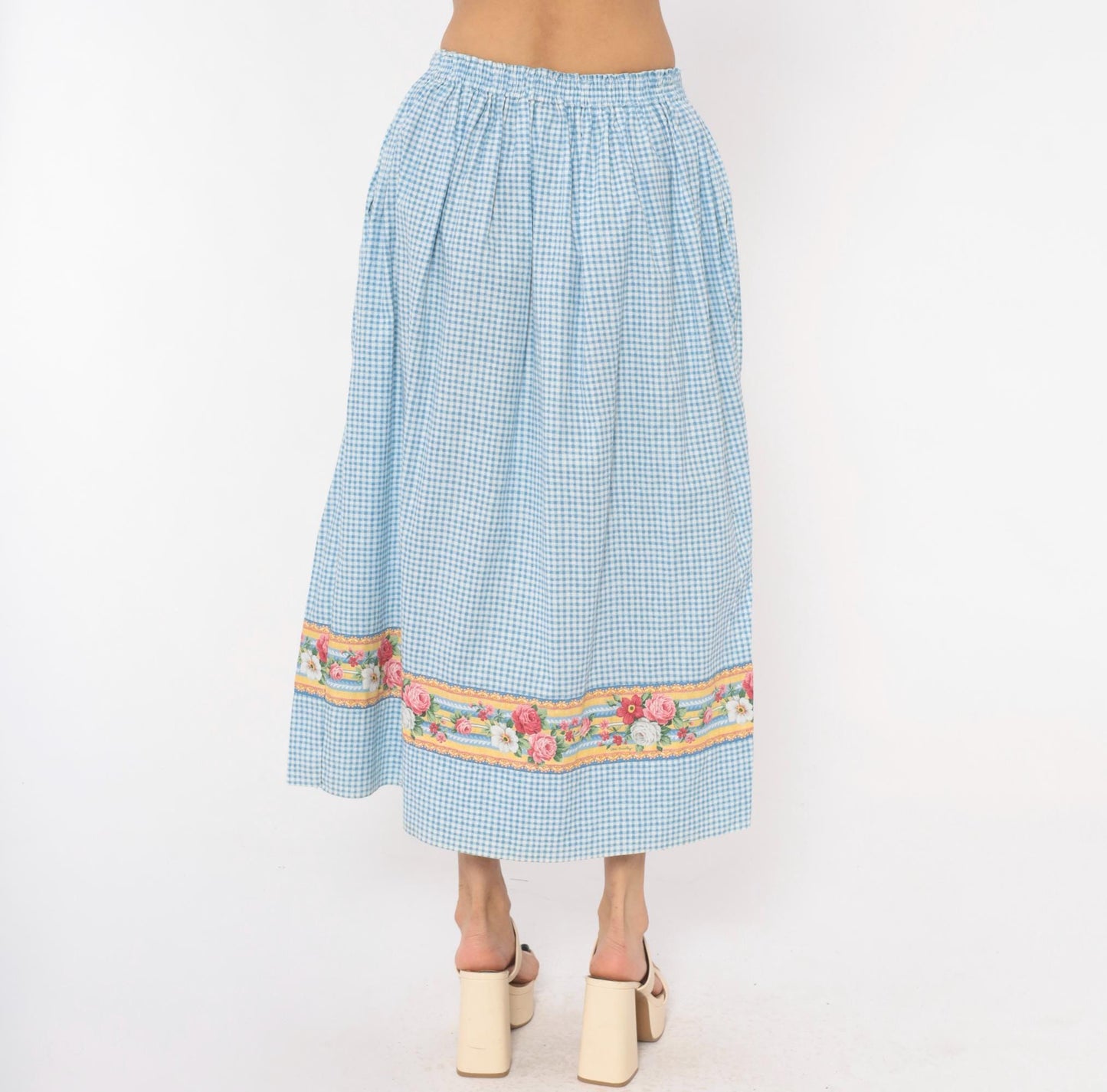 80s Vera Bradley Gingham Cotton Maxi Skirt Blue White Floral Border Small Medium