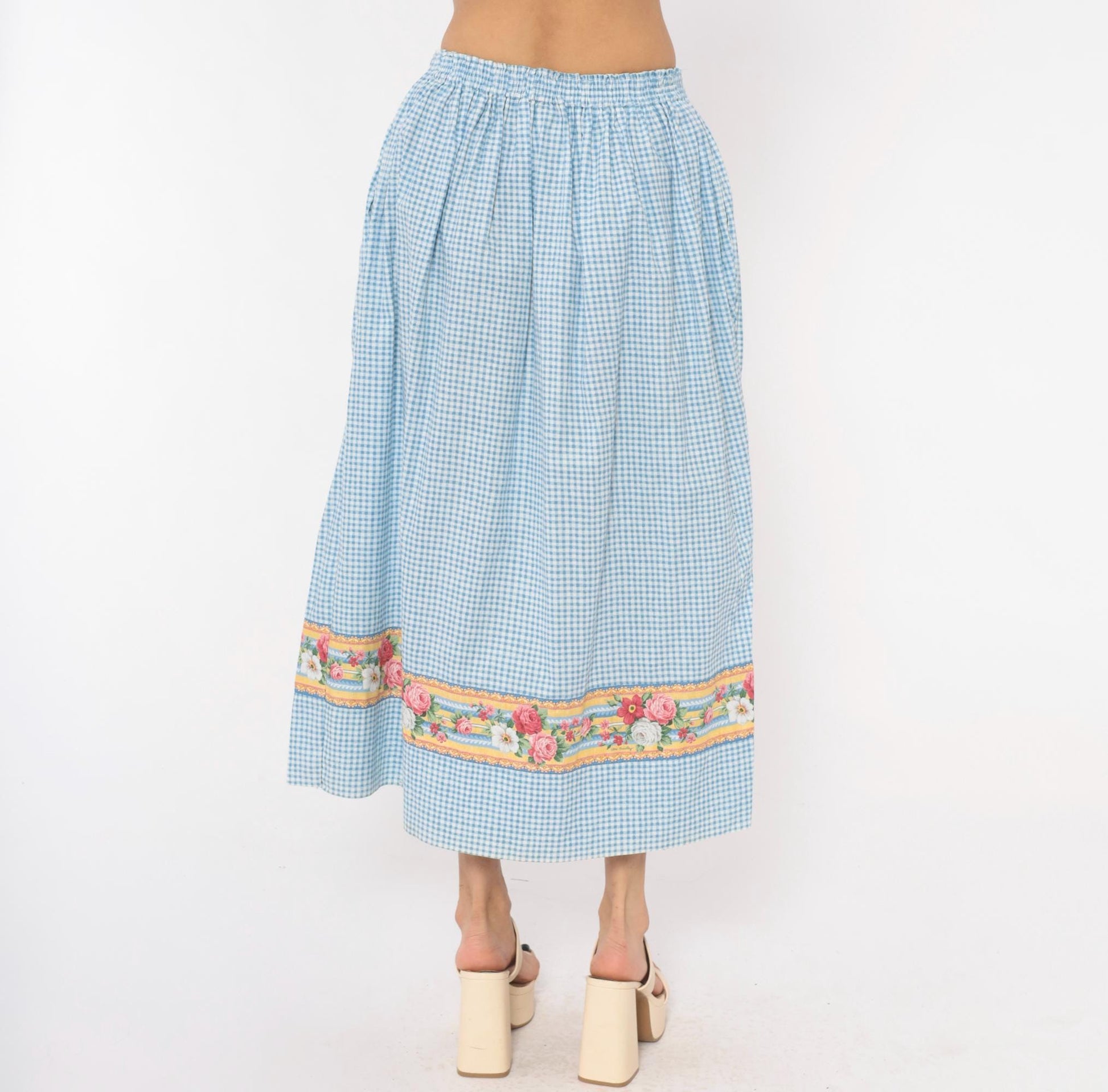 80s Vera Bradley Gingham Cotton Maxi Skirt Blue White Floral Border Small Medium