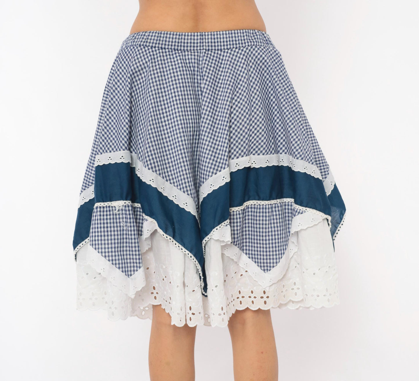 80s Jeri Bee Gingham Circle Skirt Blue White Eyelet Lace Trim Small