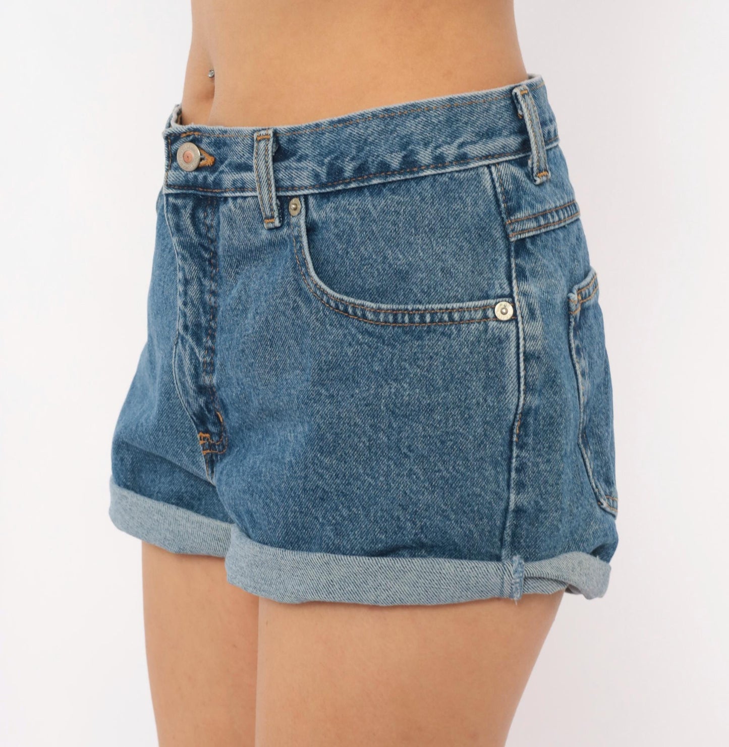 90s LondonJean Denim Shorts Cuffed Low Rise Blue Cotton Medium M