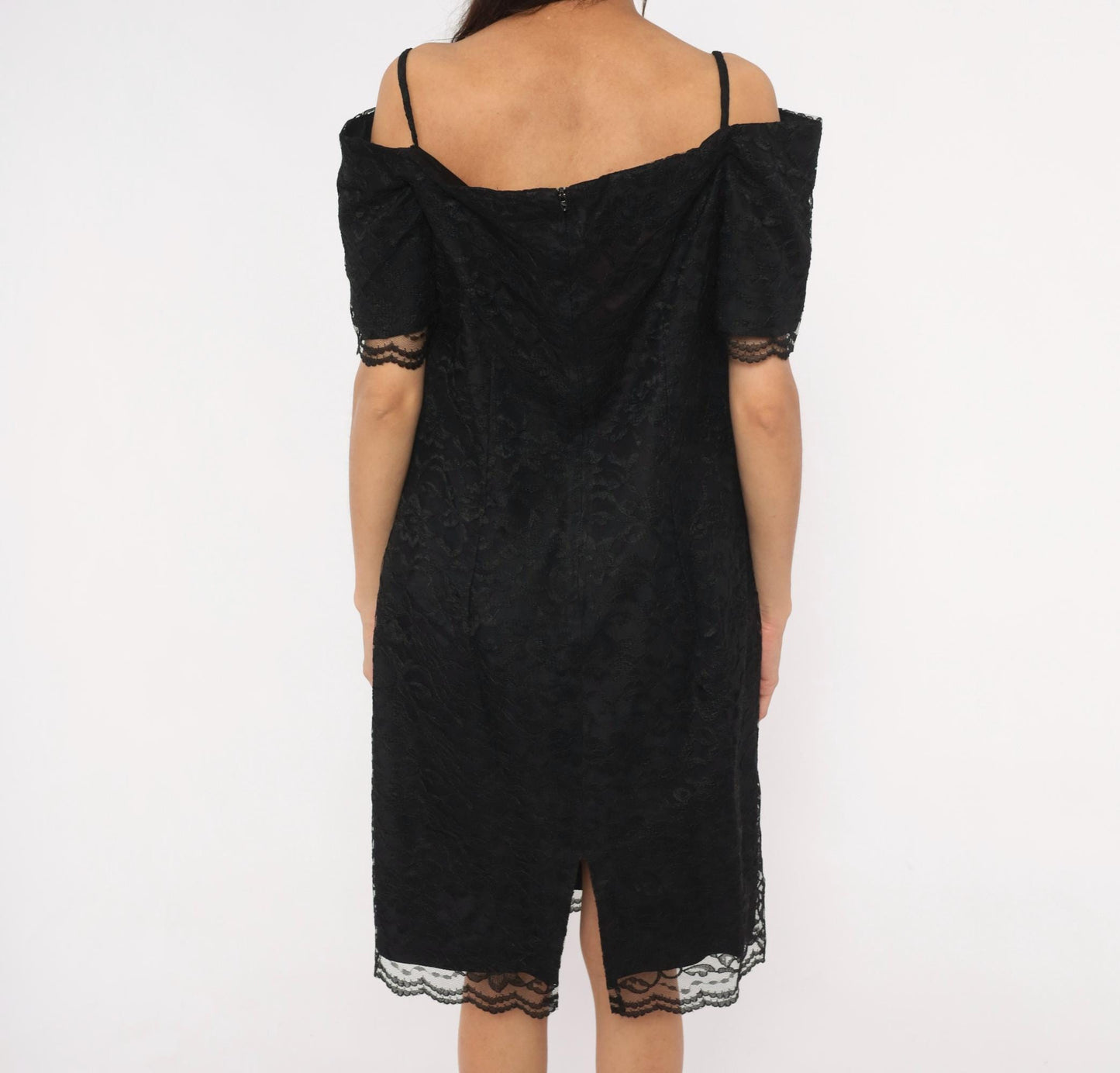 90s Victoria Stephens Black Lace Cold Shoulder Dress Knee Length Large L