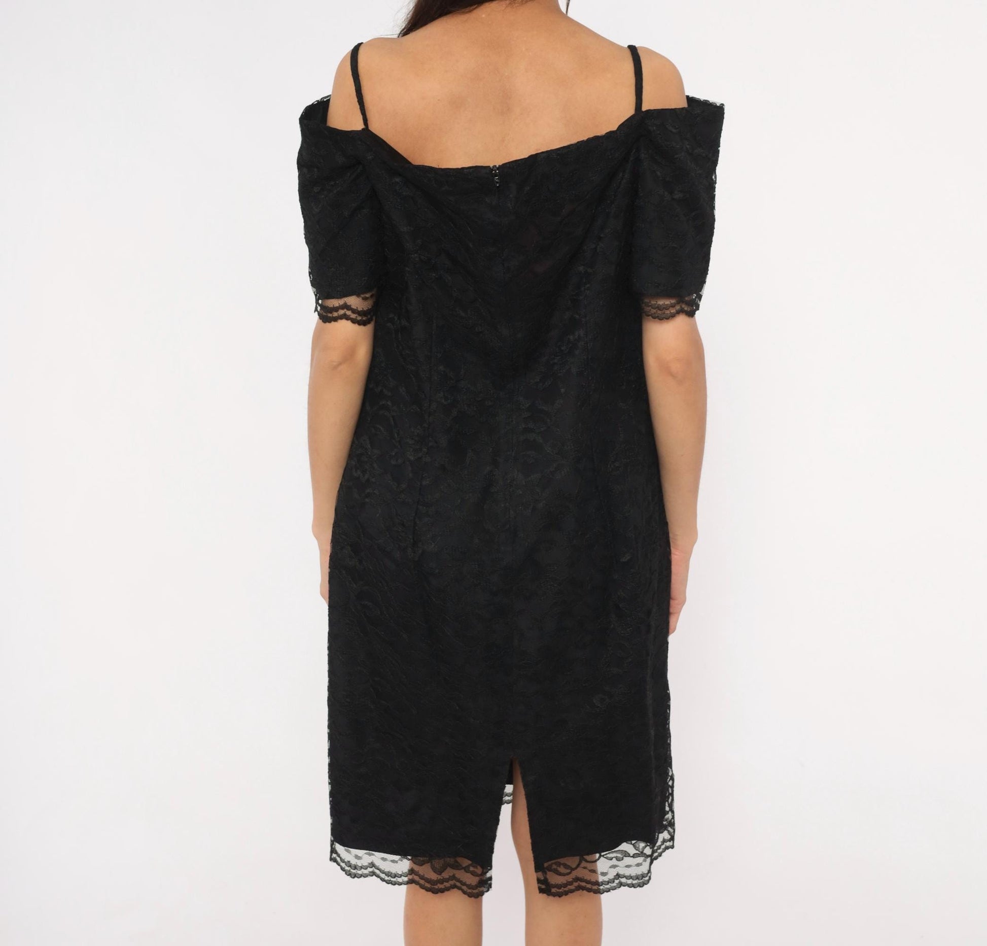 90s Victoria Stephens Black Lace Cold Shoulder Dress Knee Length Large L