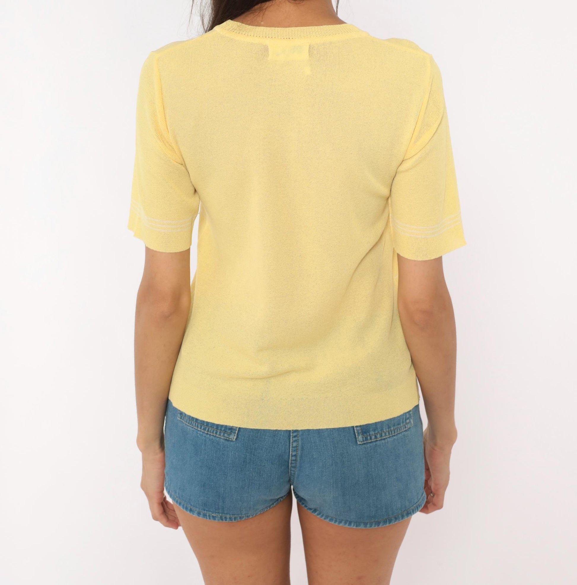 70s Ronfinne Striped Knit Top Yellow White Crew Neck Short Sleeve Small Medium