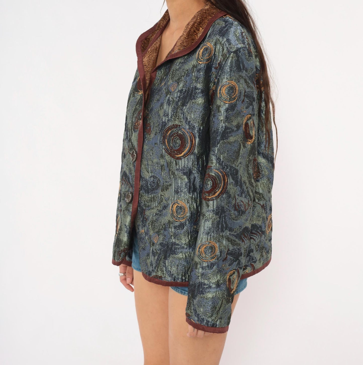 2000s Yak Magik Tapestry Blazer Woven Spiral Jacquard Blue Green Brown Extra Large XXL