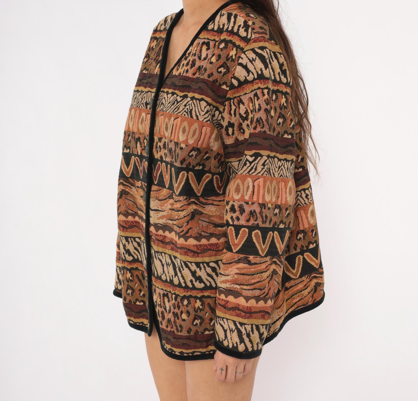 Y2K Stonebridge Tapestry Jacket Animal Print Woven Cotton Tan Brown Extra Large