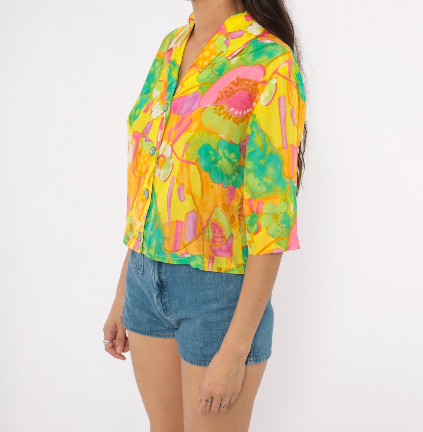 70s Alice Watercolor Floral Button Blouse Yellow Pink Green Small Medium
