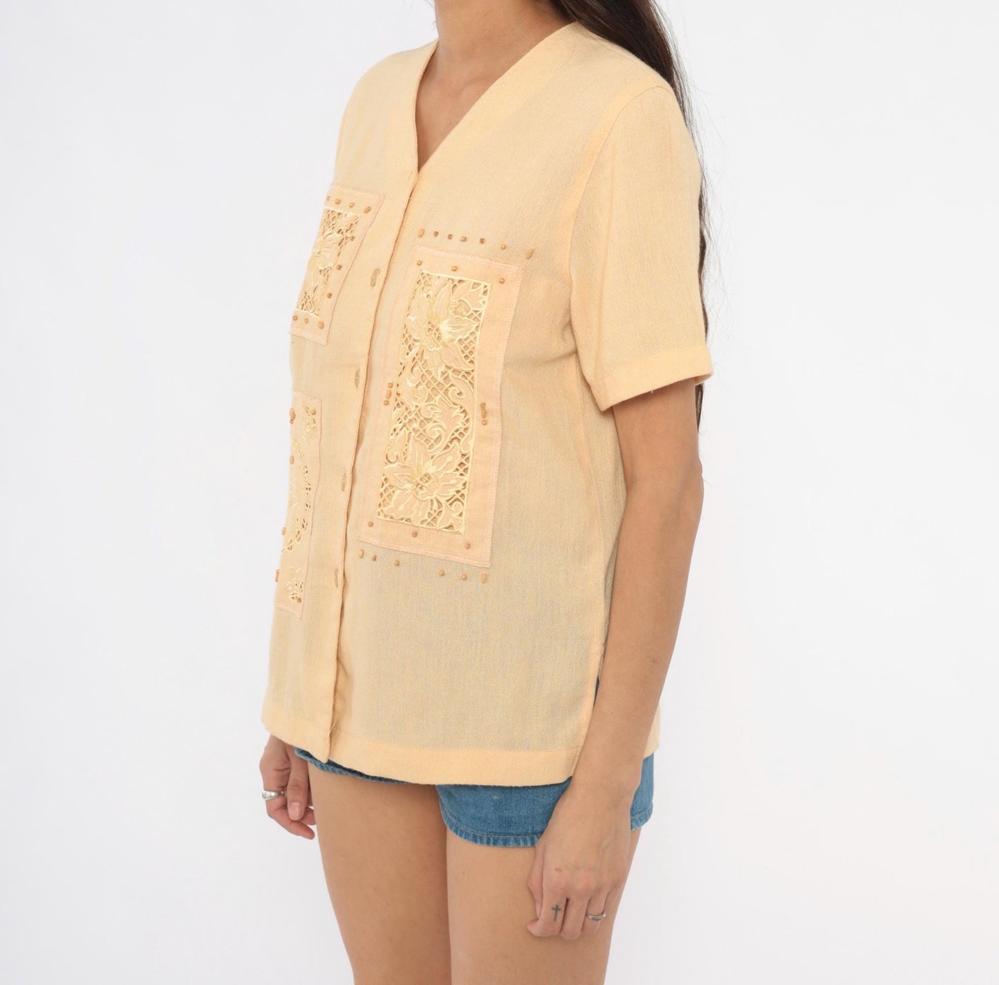 80s Alfred Dunner Cutwork Lace Blouse Cream Floral Embroidered Petite Small