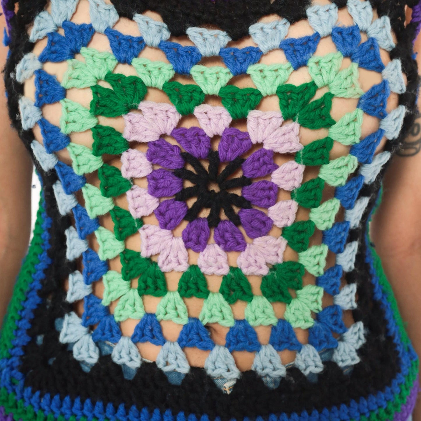 70s Handmade Crochet Granny Square Tank Purple Green Blue Scoop Neck Extra Small