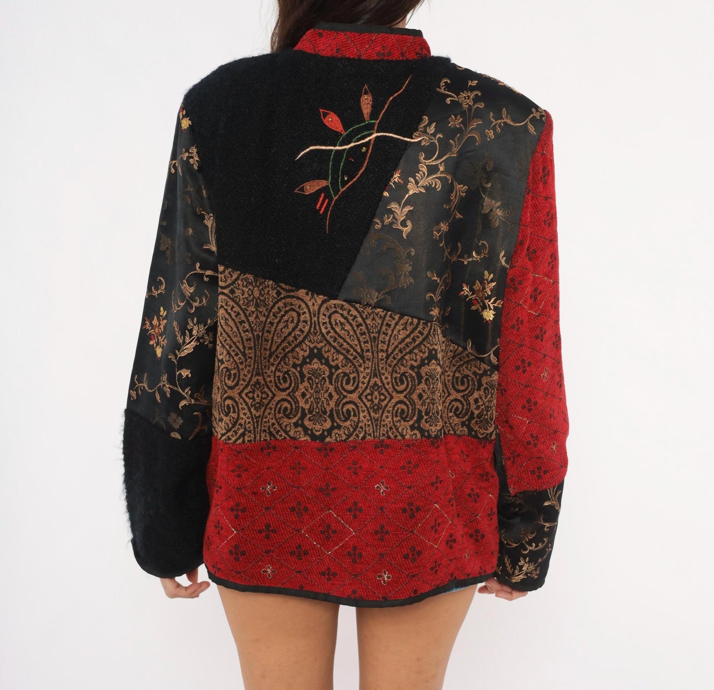 2000s Julia Kin Patchwork Embroidered Jacket Black Red Mandarin Collar Extra Large XL