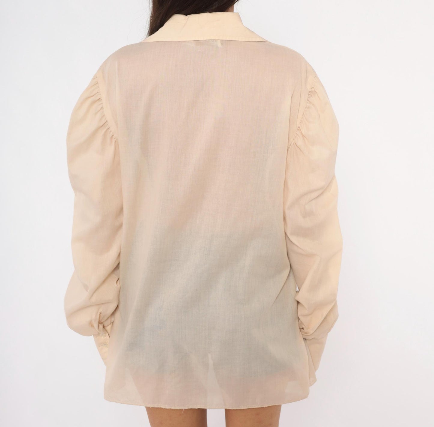 70s Budget Uniforms Cream Lace-Up Peasant Blouse Balloon Sleeve Pointed Collar Medium
