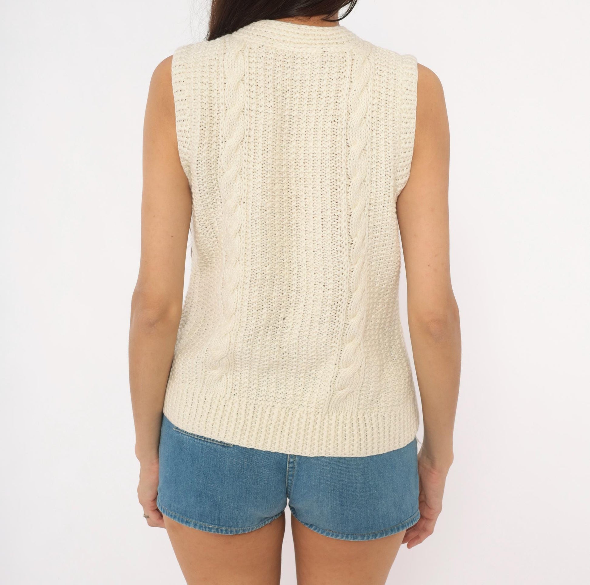 70s Cream Cable Knit Sweater Vest V Neck Pullover Preppy Small