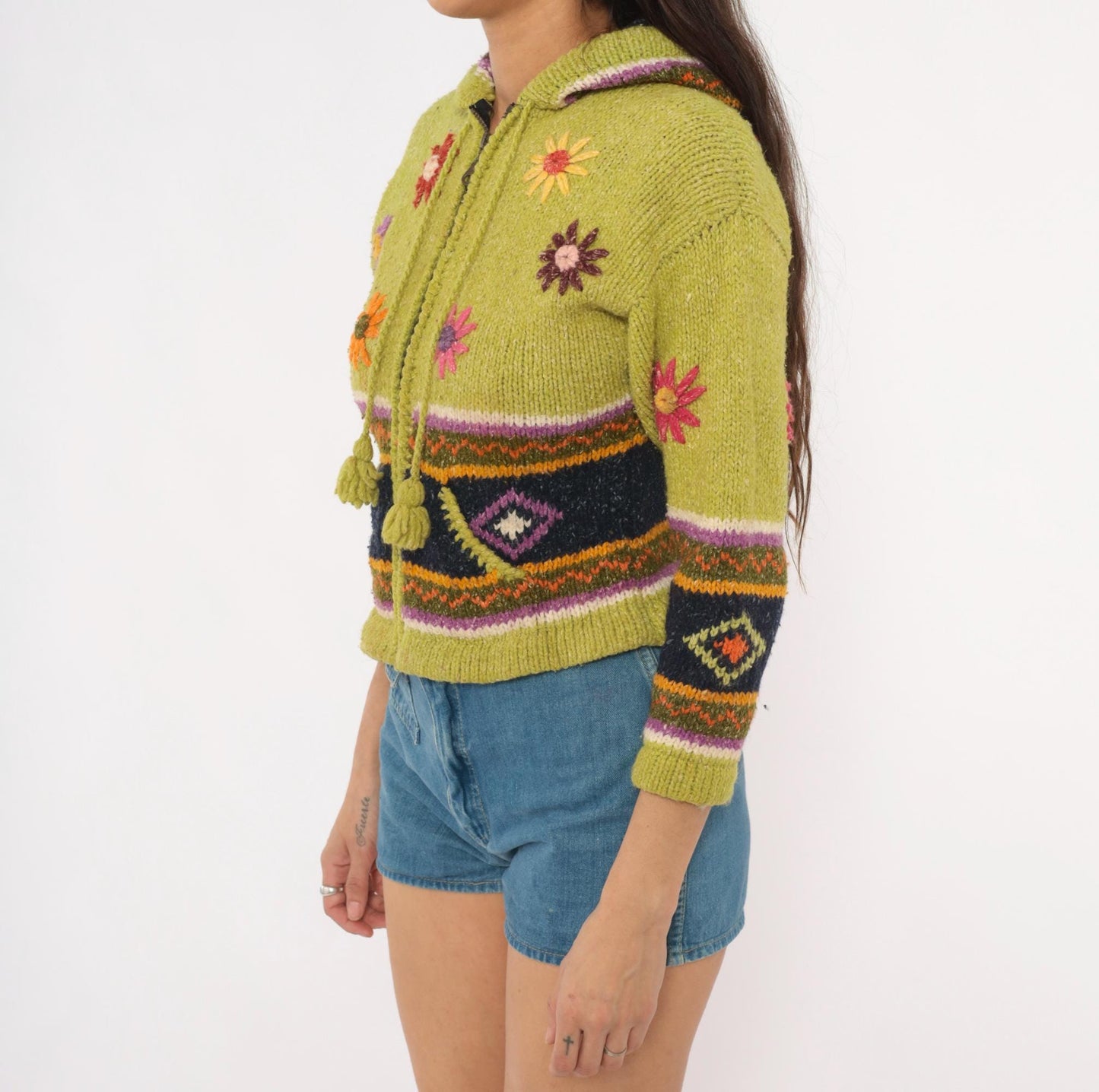 2000s Olive Wool Cropped Hooded Zip Sweater Embroidered Floral Knit XXS
