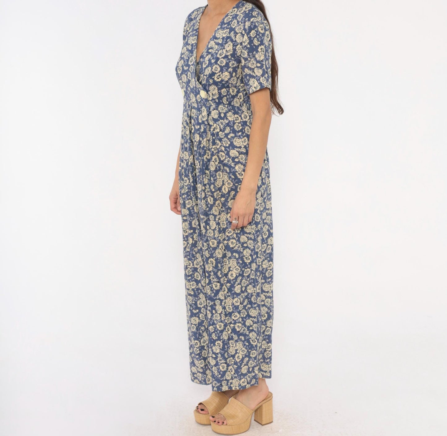 90s Jeffrey & Dara Floral Jumpsuit Cobalt Blue Wide Leg Wrap V Neck Medium M