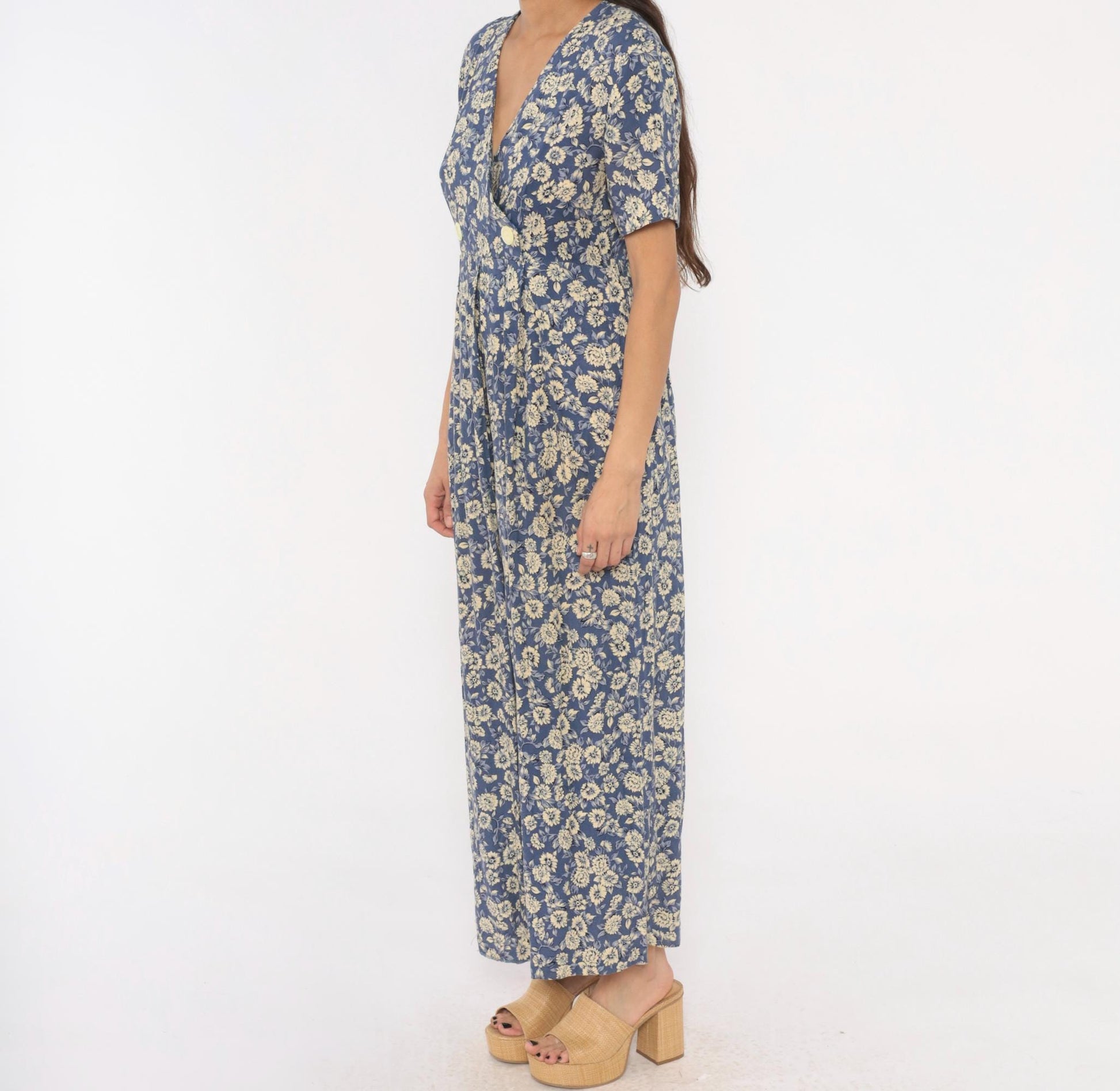 90s Jeffrey & Dara Floral Jumpsuit Cobalt Blue Wide Leg Wrap V Neck Medium M