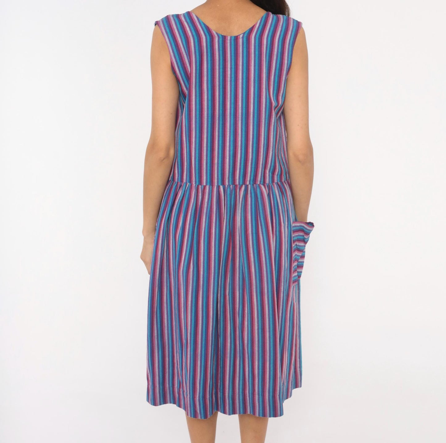 90s Quetzal Striped Cotton Midi Sundress Purple Cobalt Scoop Neck Small