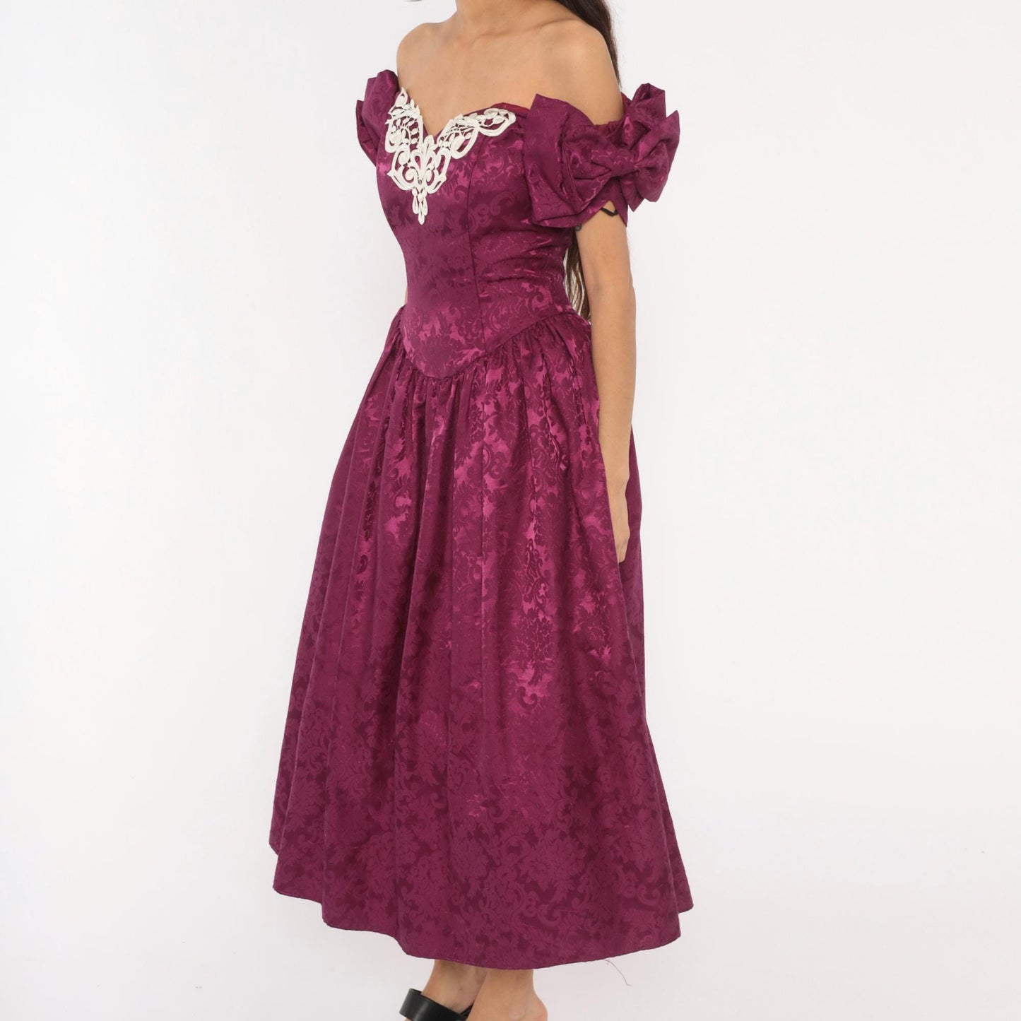Jessica McClintock 80s Plum Brocade Puff Sleeve Gown Small