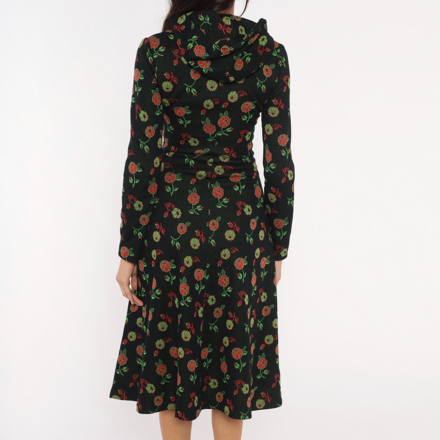 70s Black Hooded Midi Dress Red Rose Floral Print Long Sleeve Extra Small