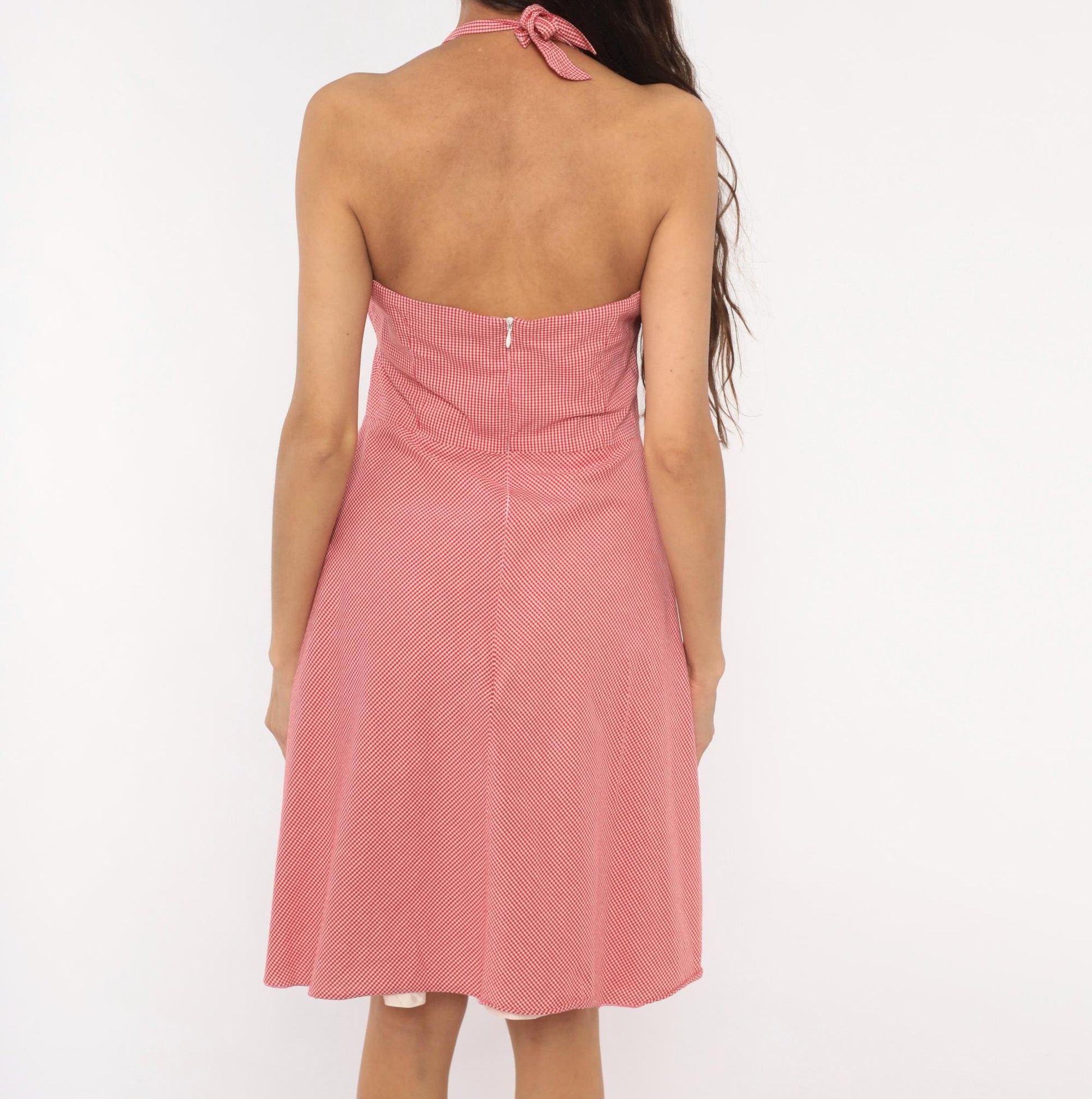 Trina Turk 2000s Gingham Halter Dress Red White Sweetheart Neckline Medium M