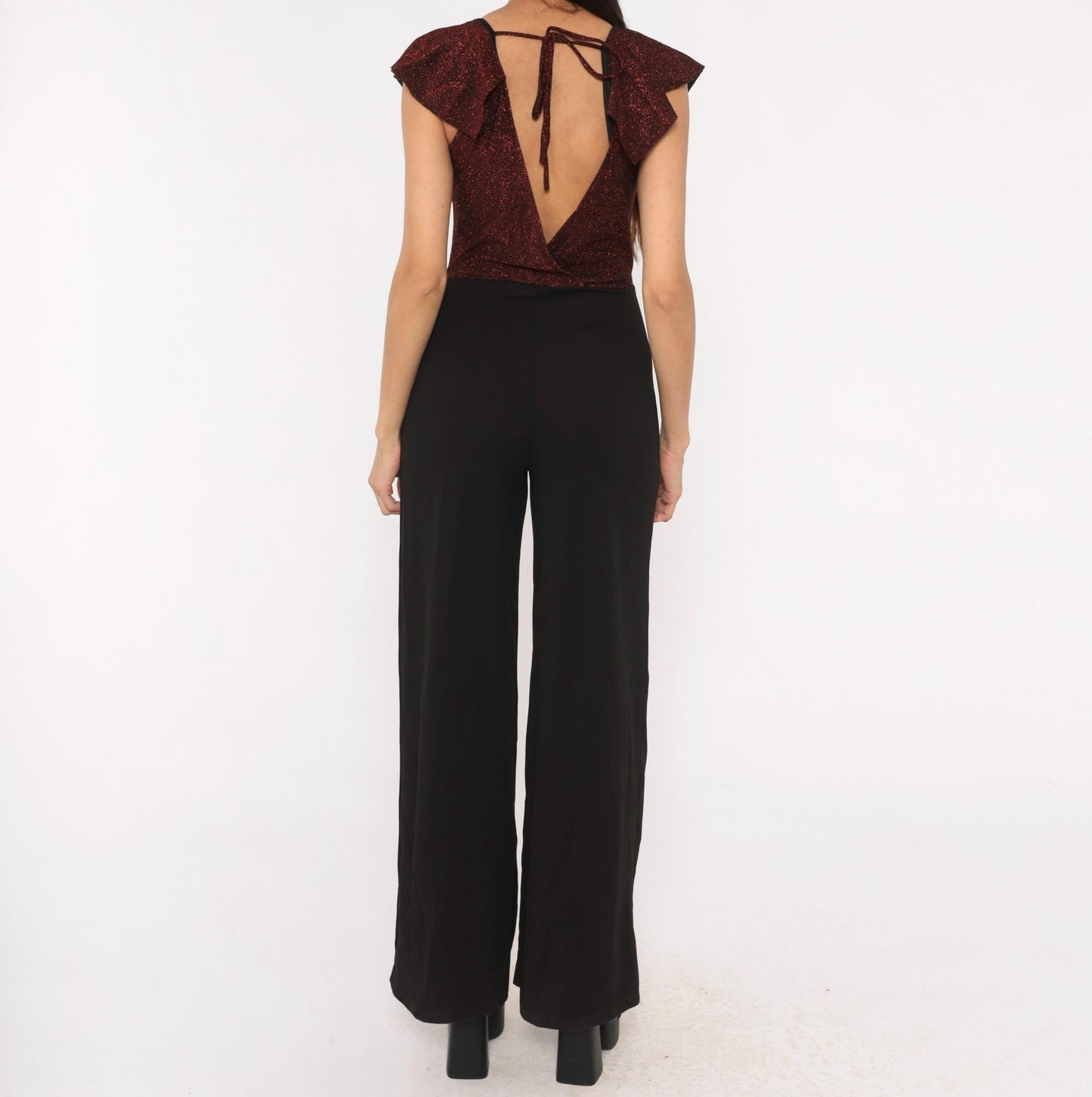 2000s Crece Jumpsuit Black Burgundy Glitter Ruffle Deep V Wide Leg Medium M