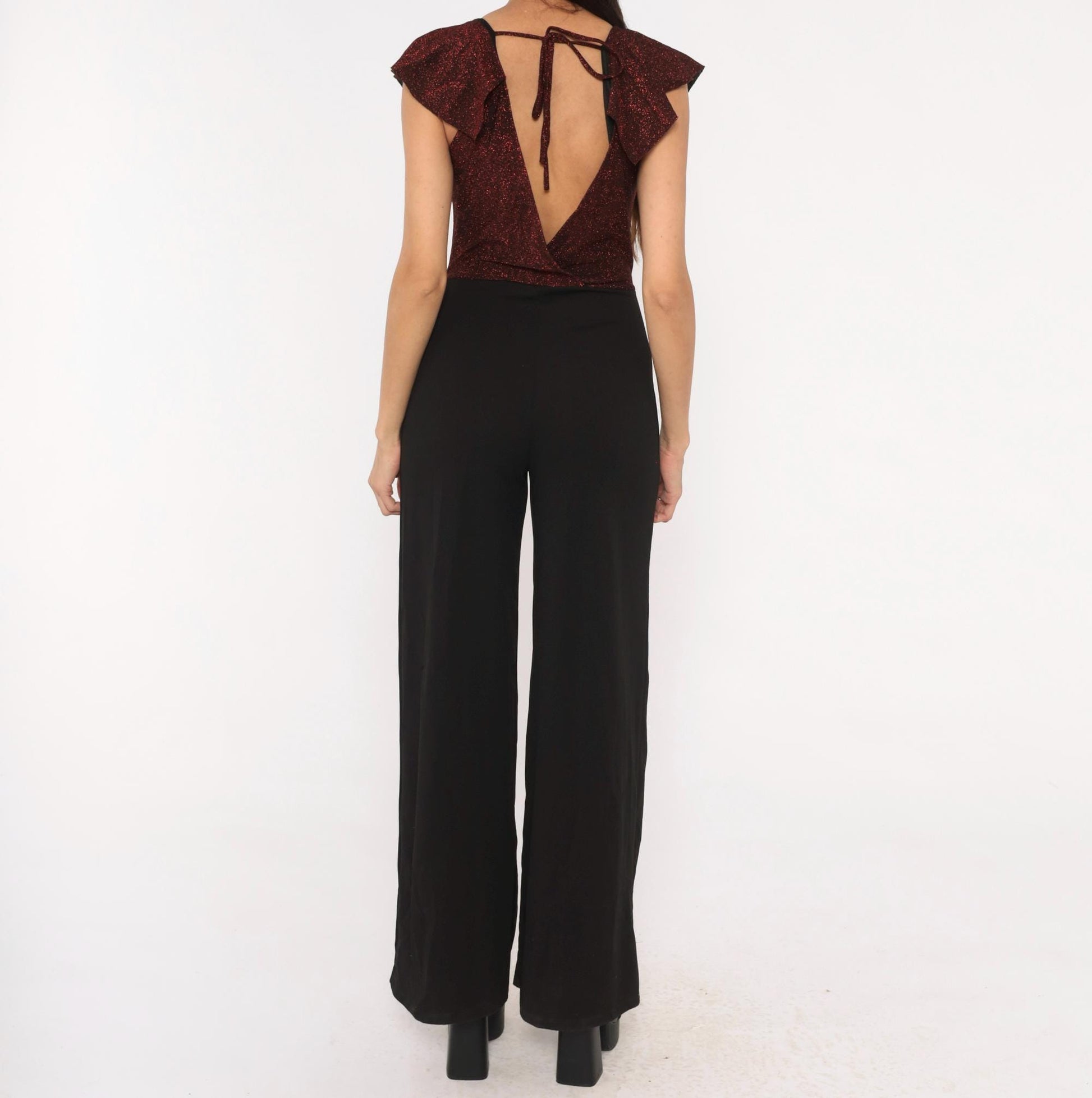 2000s Crece Jumpsuit Black Burgundy Glitter Ruffle Deep V Wide Leg Medium M