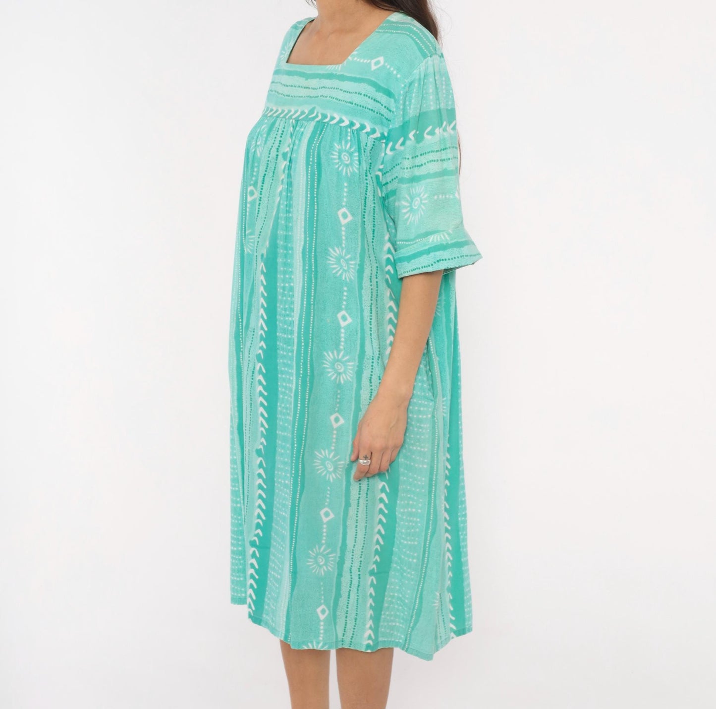80s Styled By Saybury Teal Block Print Cotton Muumuu Midi Dress Plus Size 1X