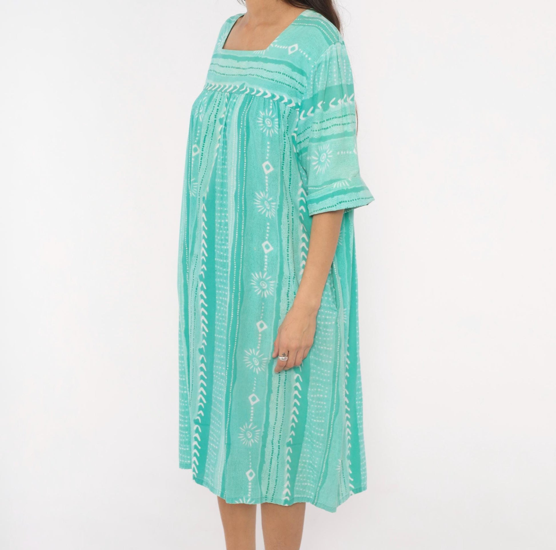 80s Styled By Saybury Teal Block Print Cotton Muumuu Midi Dress Plus Size 1X