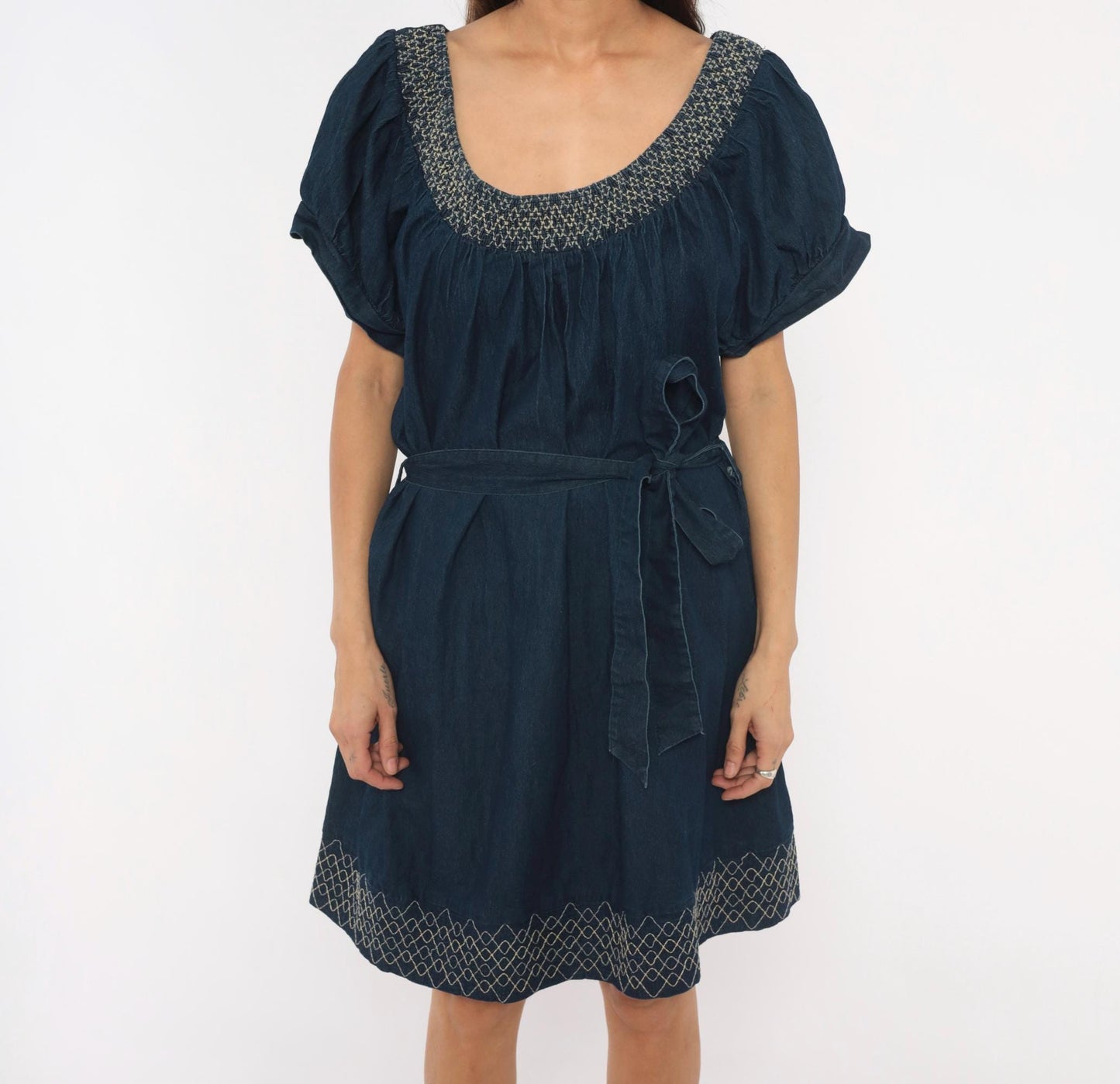 90s Roommates California Navy Denim Mini Dress Puff Sleeve Embroidered Plus Size 3X