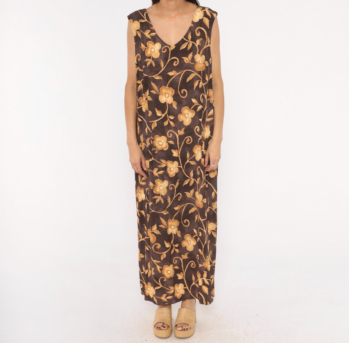 90s AGB Floral Maxi Dress Brown Gold Vine Sleeveless V Neck Plus Size XXL