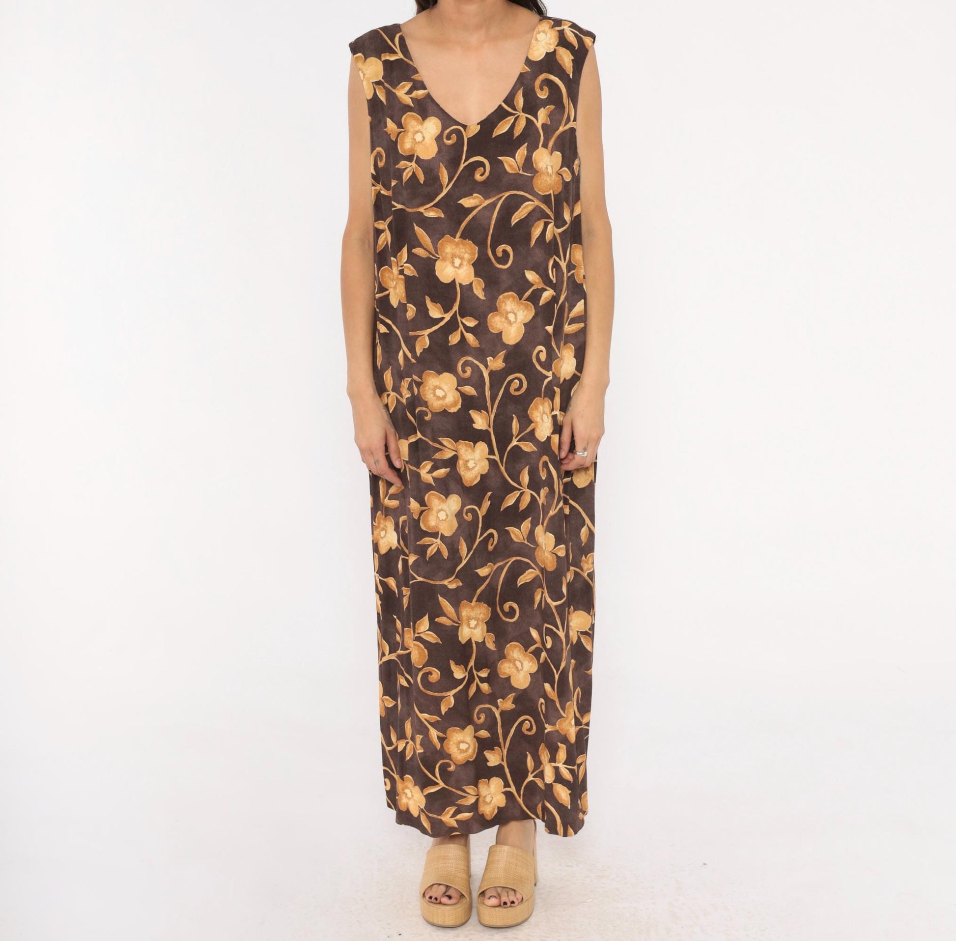 90s AGB Floral Maxi Dress Brown Gold Vine Sleeveless V Neck Plus Size XXL