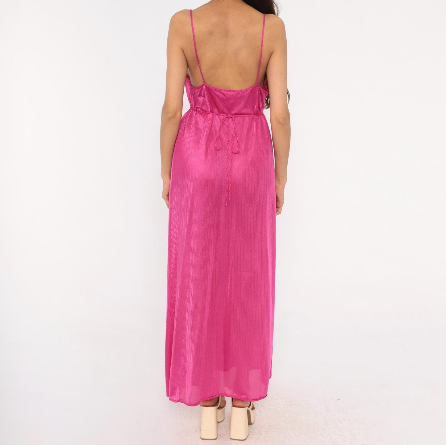 70s Pollinaise Hot Pink Lace Maxi Nightgown Spaghetti Strap Empire Waist Large L