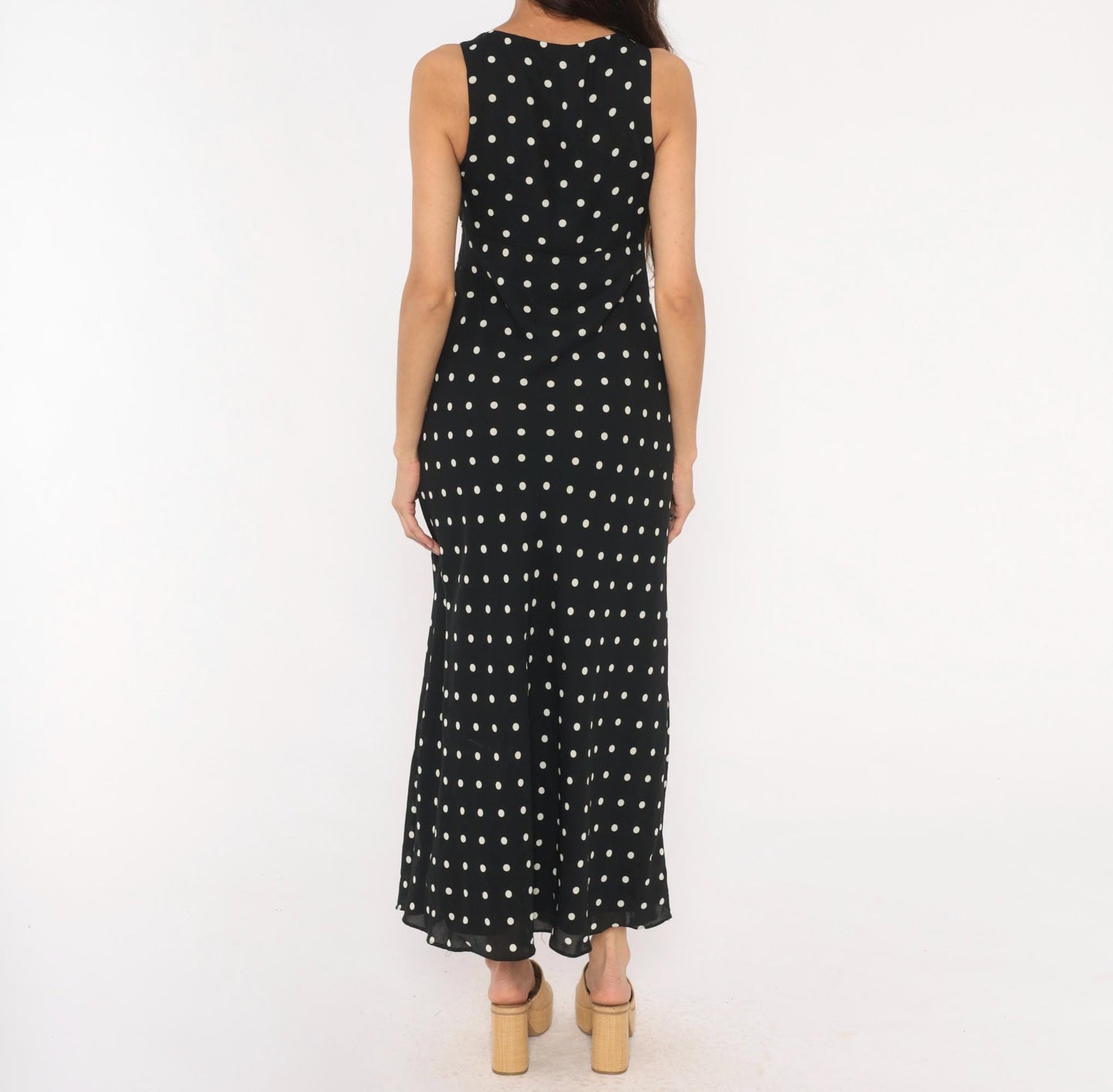 90s Alyn Paige Polka Dot Maxi Dress Black White V Neck Empire Waist Medium M